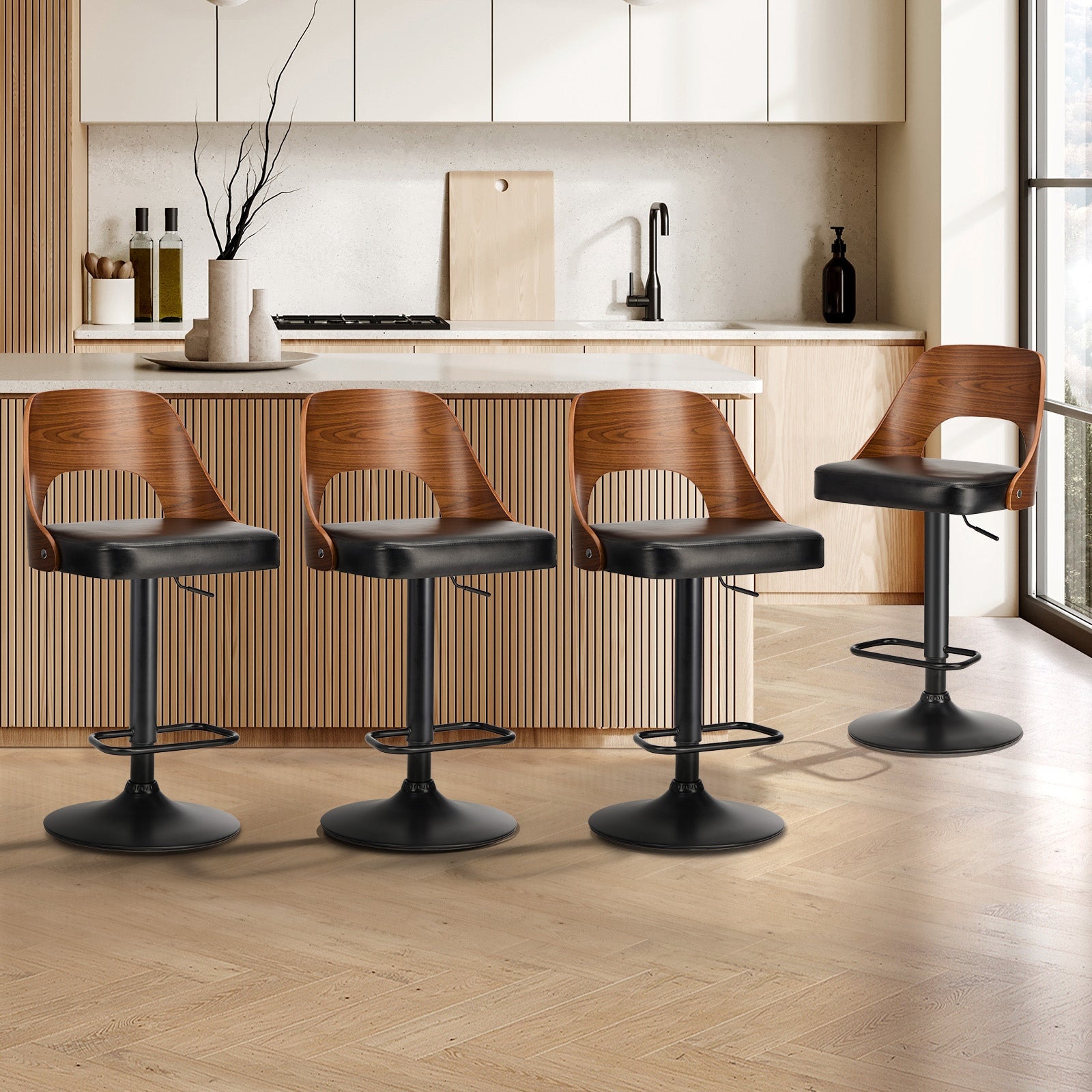 Oikiture Bar Stools Swivel Counter Stool Kitchen Gas Lift Chair Leather Set of 4 - Sunyee