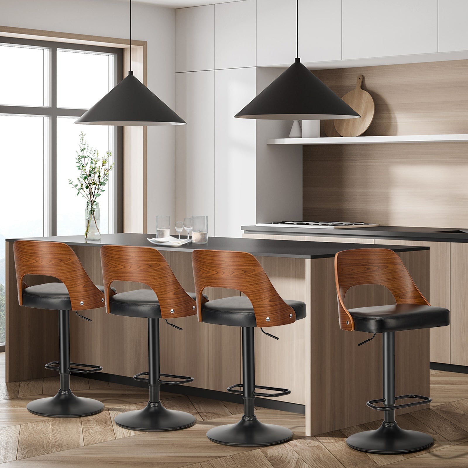 Oikiture Bar Stools Swivel Counter Stool Kitchen Gas Lift Chair Leather Set of 4 - Sunyee