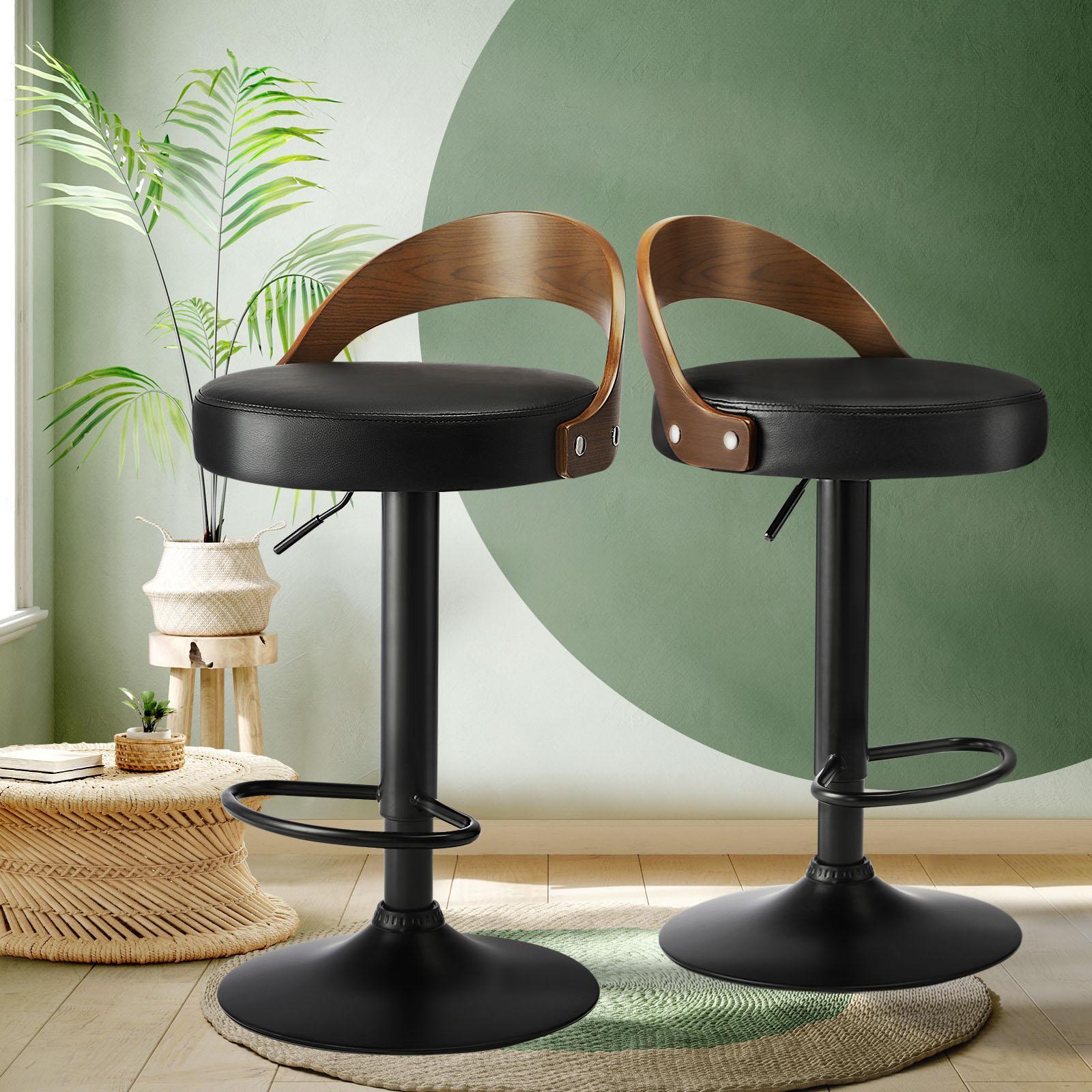 Oikiture Kitchen Bar Stools Gas Lift Swivel Chairs Stool Wooden PU Leather ×2 - Sunyee
