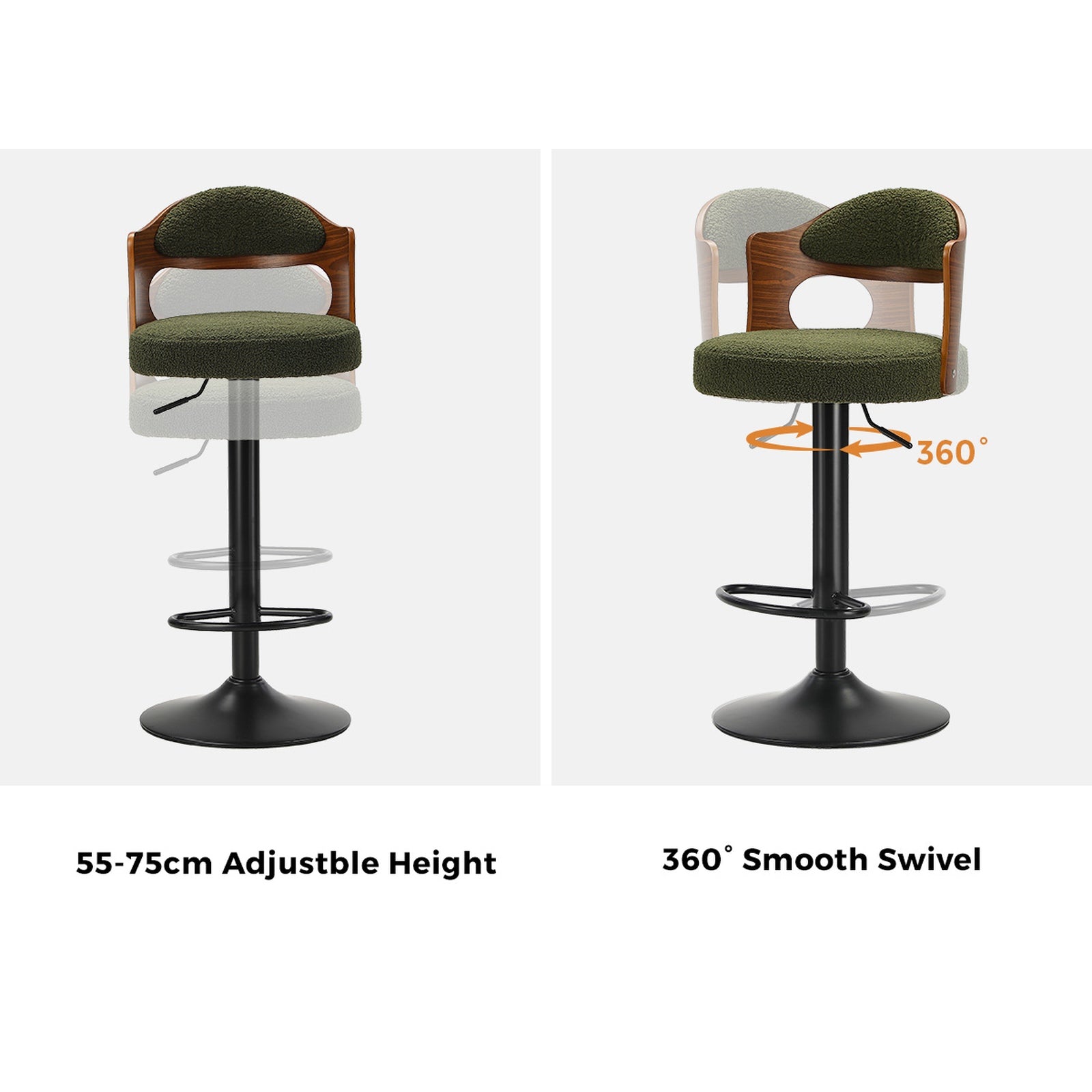Oikiture 2x Bar Stools Swivel Kitchen Bar Chairs Gas Lift Stools Green Boucle - Sunyee