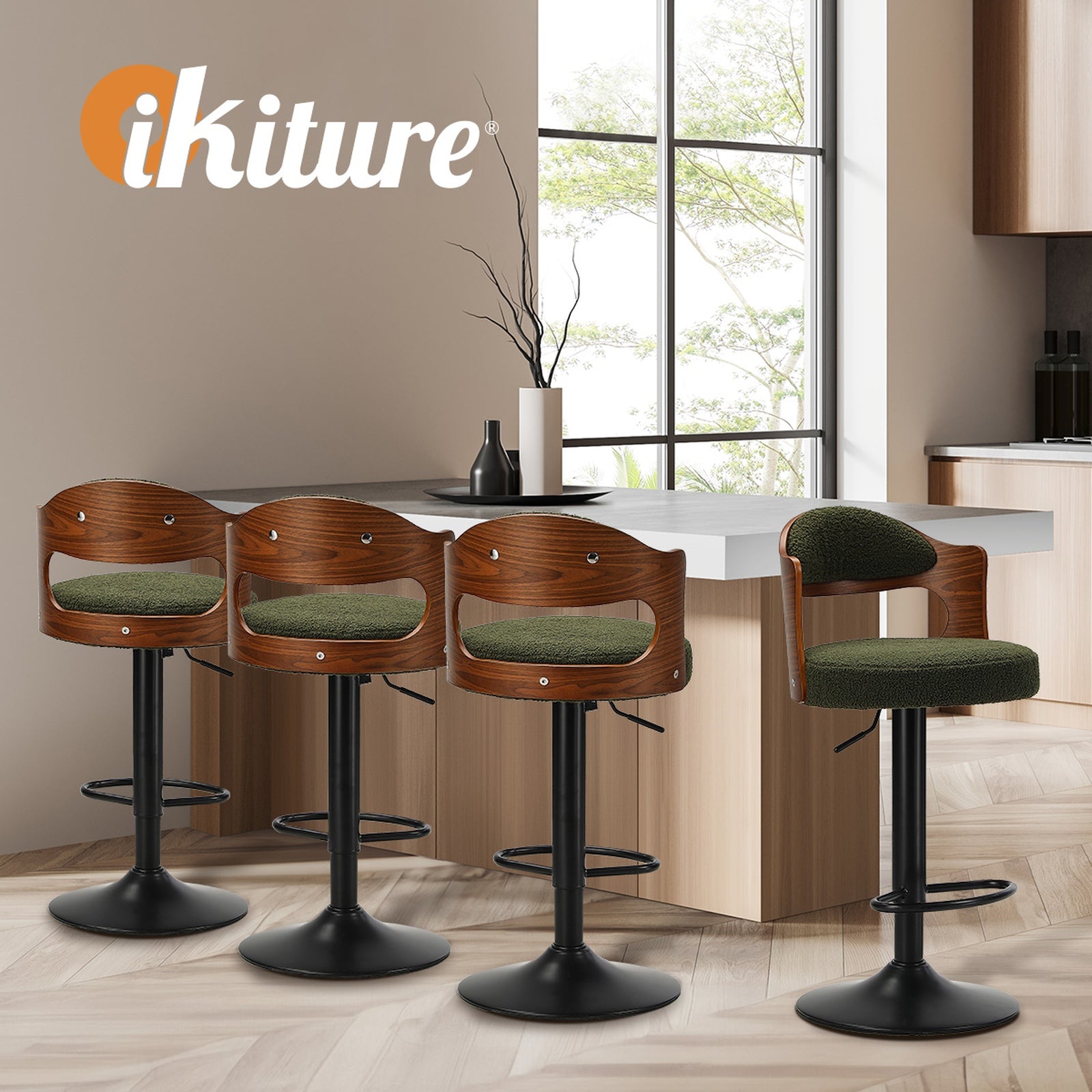 Oikiture 2x Bar Stools Swivel Kitchen Bar Chairs Gas Lift Stools Green Boucle - Sunyee