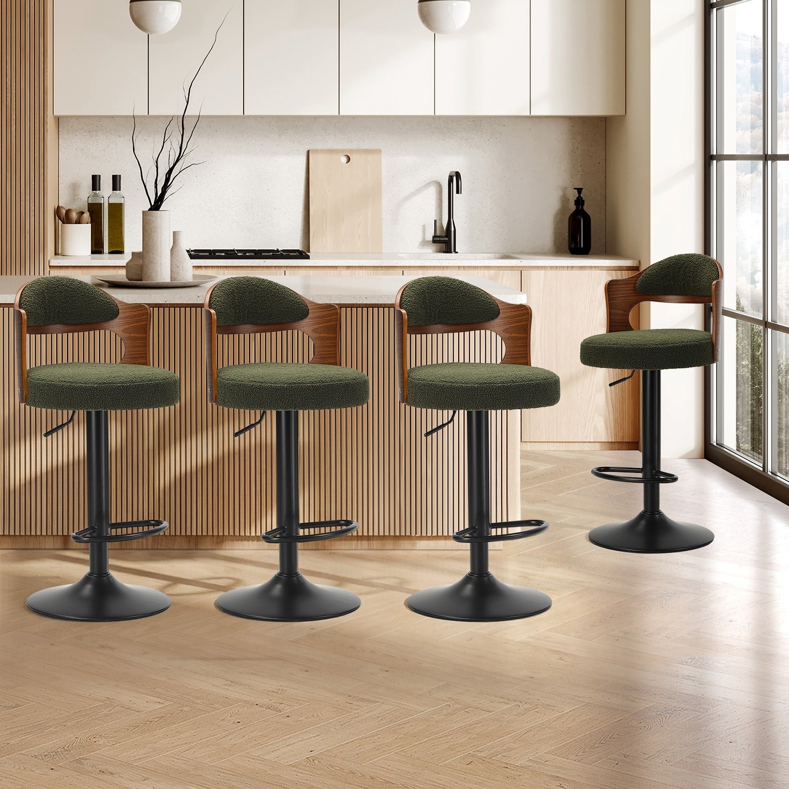 Oikiture 4x Bar Stools Swivel Kitchen Bar Chairs Gas Lift Stools Green Boucle - Sunyee