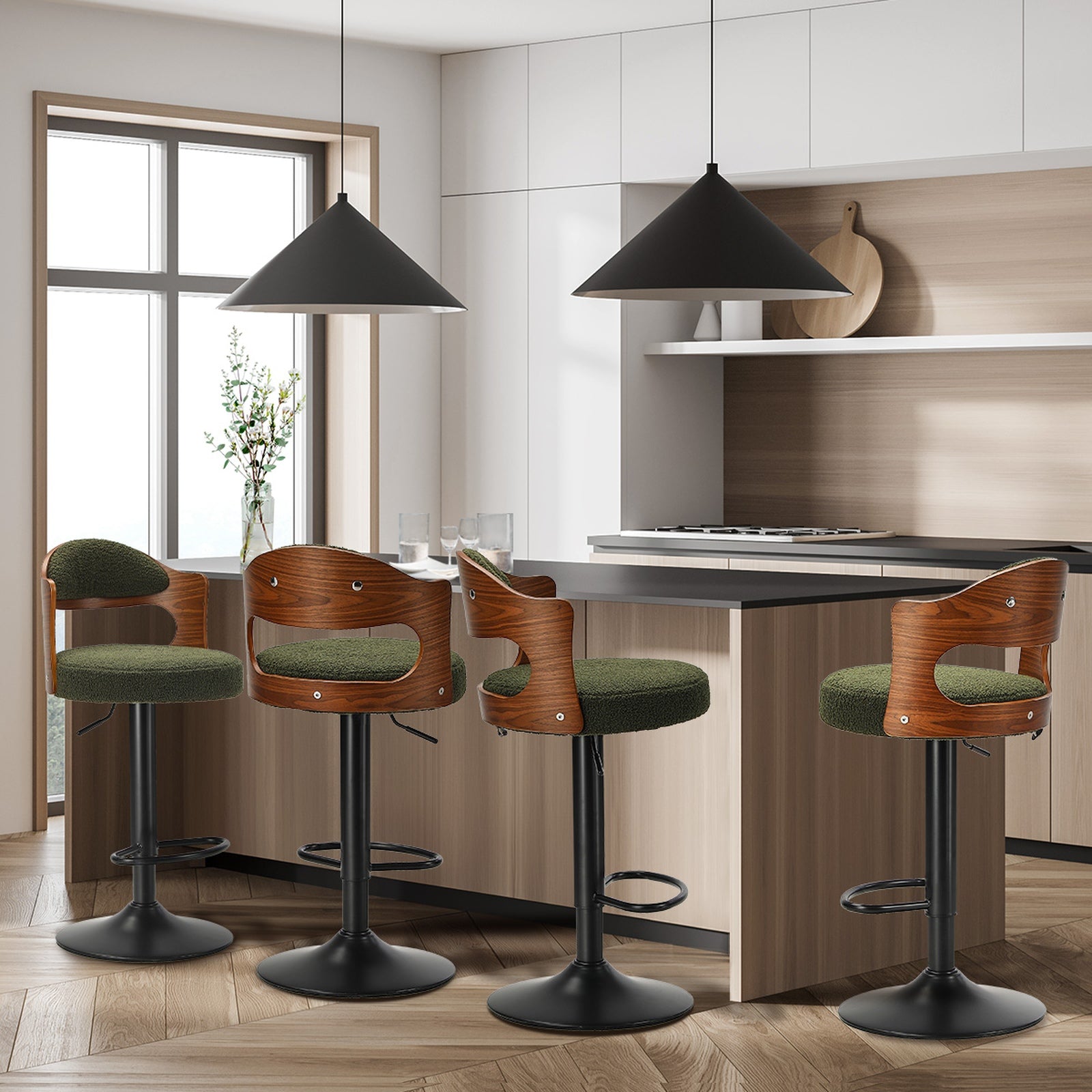 Oikiture 4x Bar Stools Swivel Kitchen Bar Chairs Gas Lift Stools Green Boucle - Sunyee