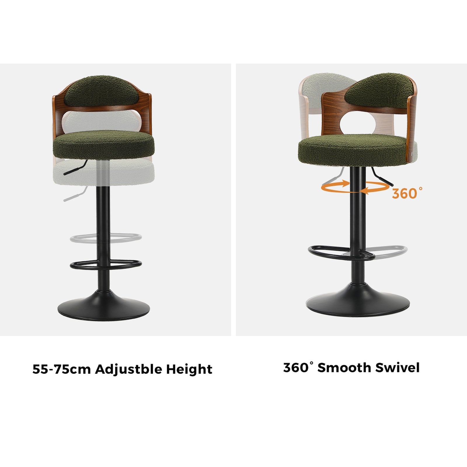 Oikiture 4x Bar Stools Swivel Kitchen Bar Chairs Gas Lift Stools Green Boucle - Sunyee