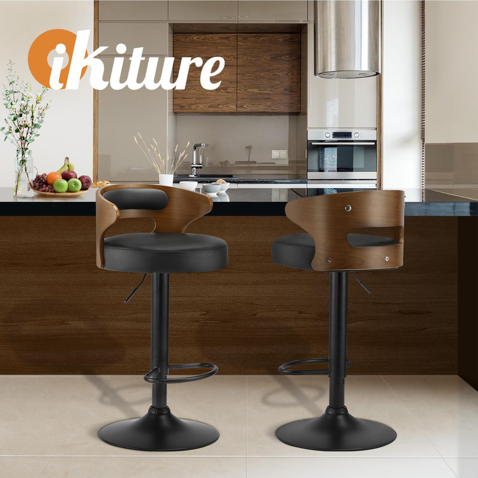 Oikiture 2x Bar Stools Kitchen Gas Lift Swivel Chairs Stool Wooden Barstool Black - Sunyee