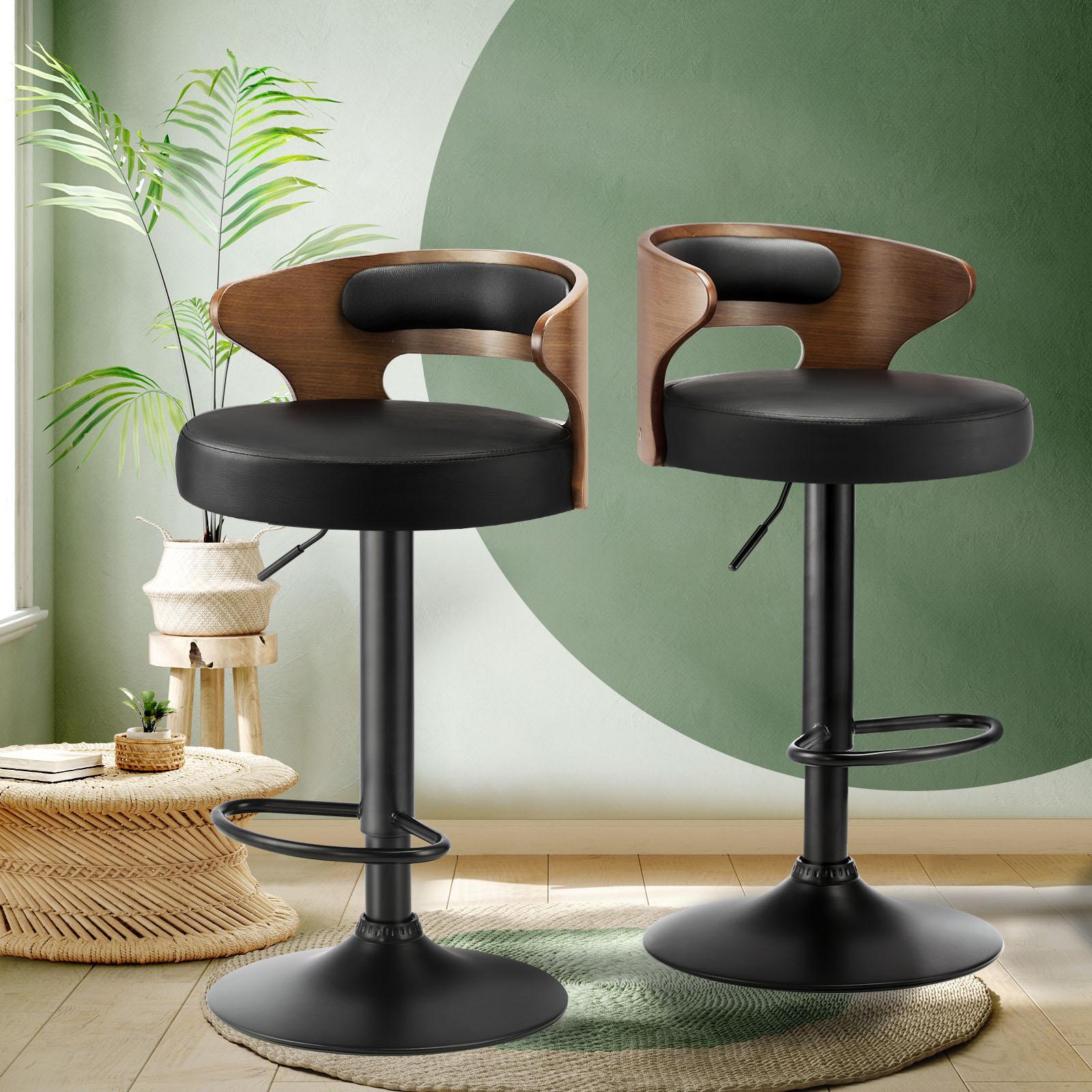 Oikiture 2x Bar Stools Kitchen Gas Lift Swivel Chairs Stool Wooden Barstool Black - Sunyee