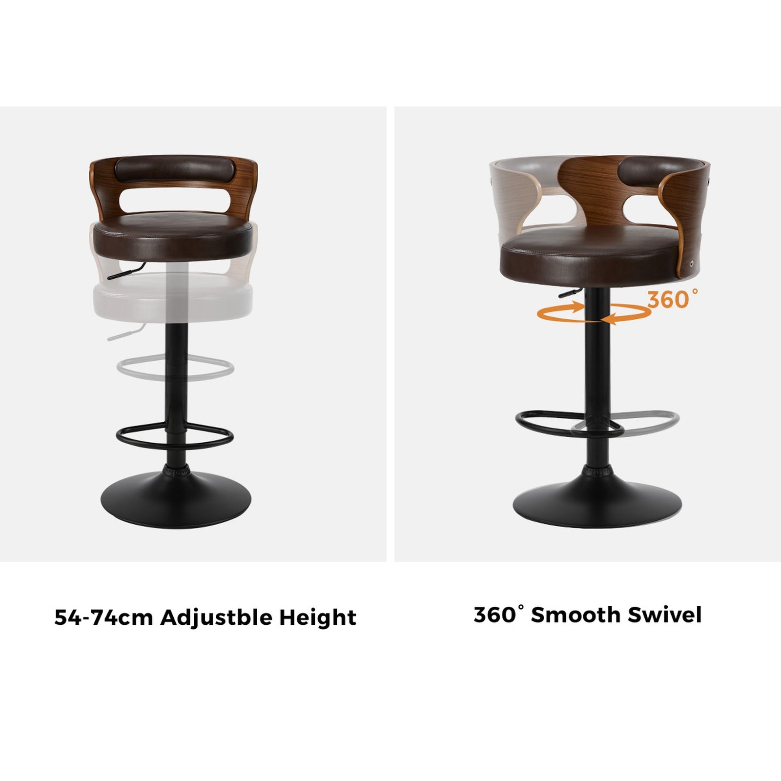 Oikiture 2x Bar Stools Kitchen Gas Lift Swivel Chairs Stool Wooden Leather Brown
