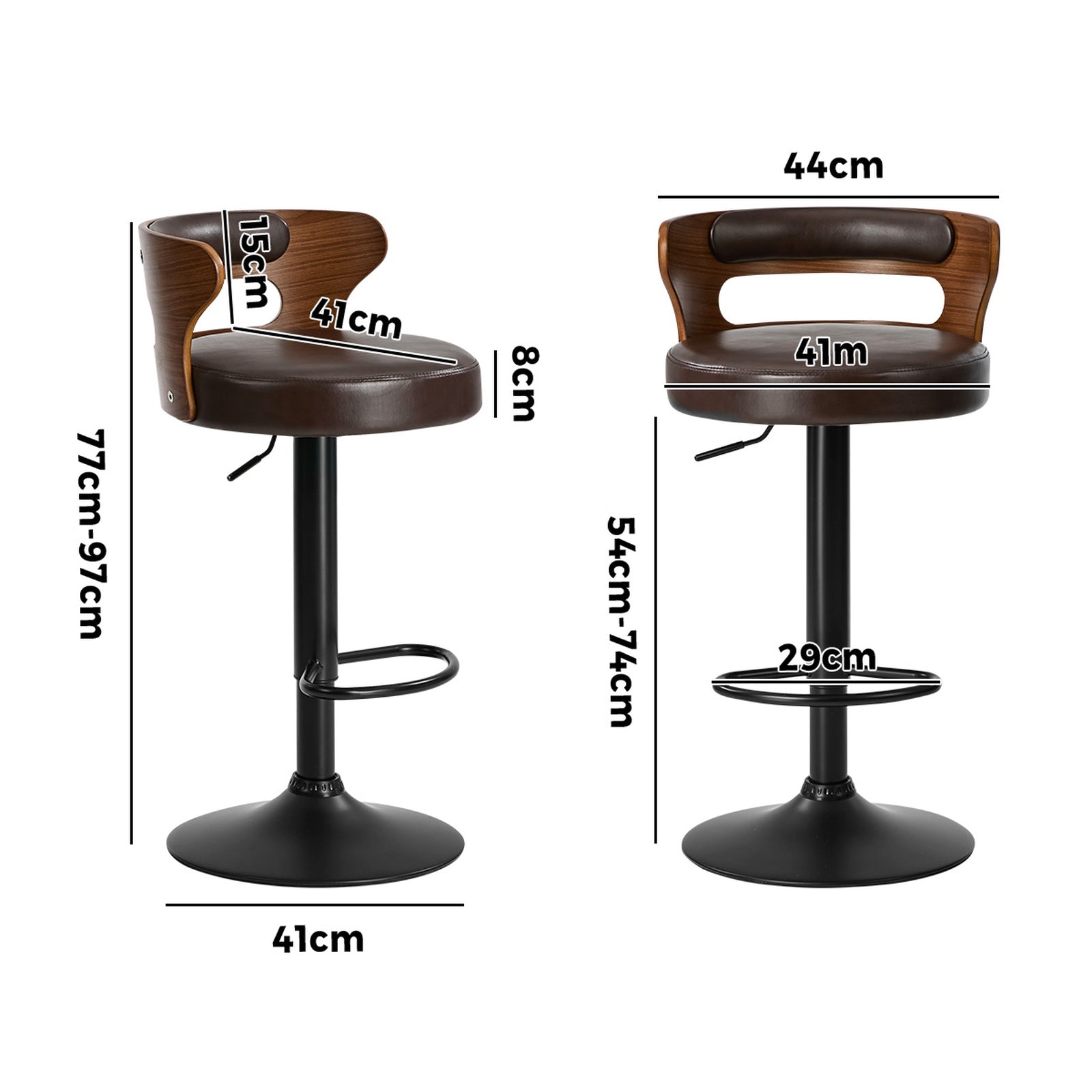 Oikiture 2x Bar Stools Kitchen Gas Lift Swivel Chairs Stool Wooden Leather Brown