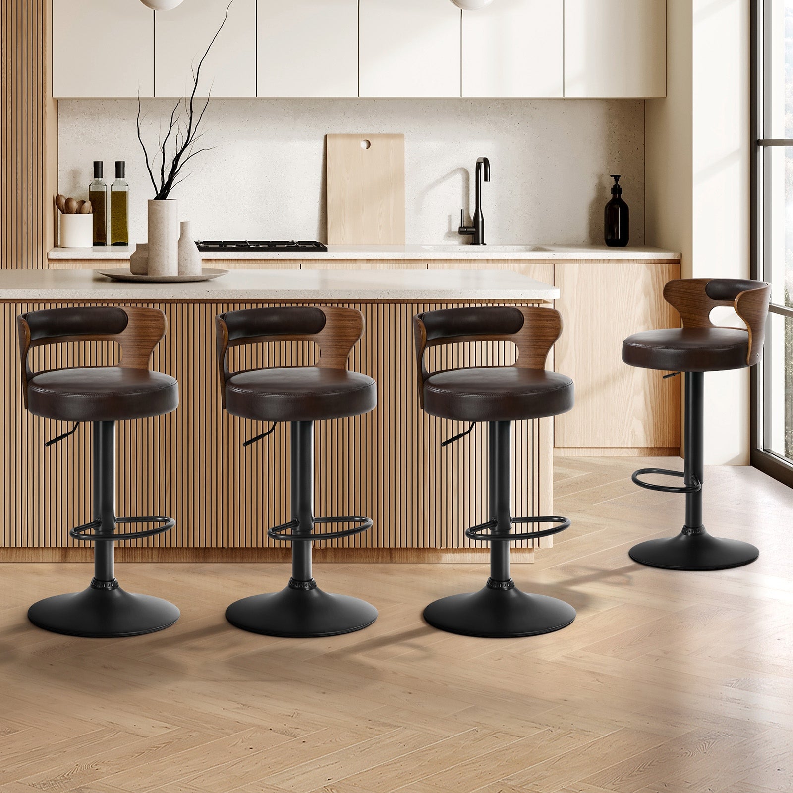 Oikiture 4x Bar Stools Kitchen Gas Lift Swivel Chairs Stool Wooden Leather Brown
