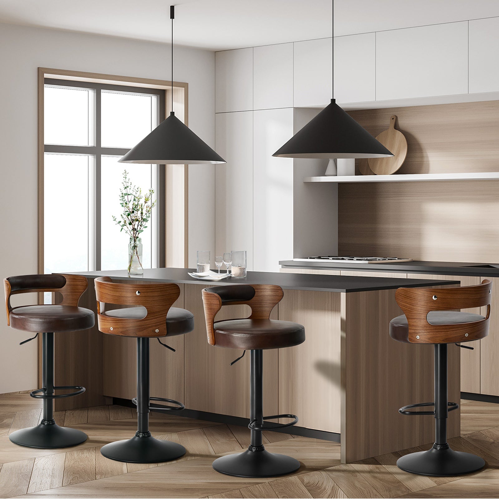 Oikiture 4x Bar Stools Kitchen Gas Lift Swivel Chairs Stool Wooden Leather Brown
