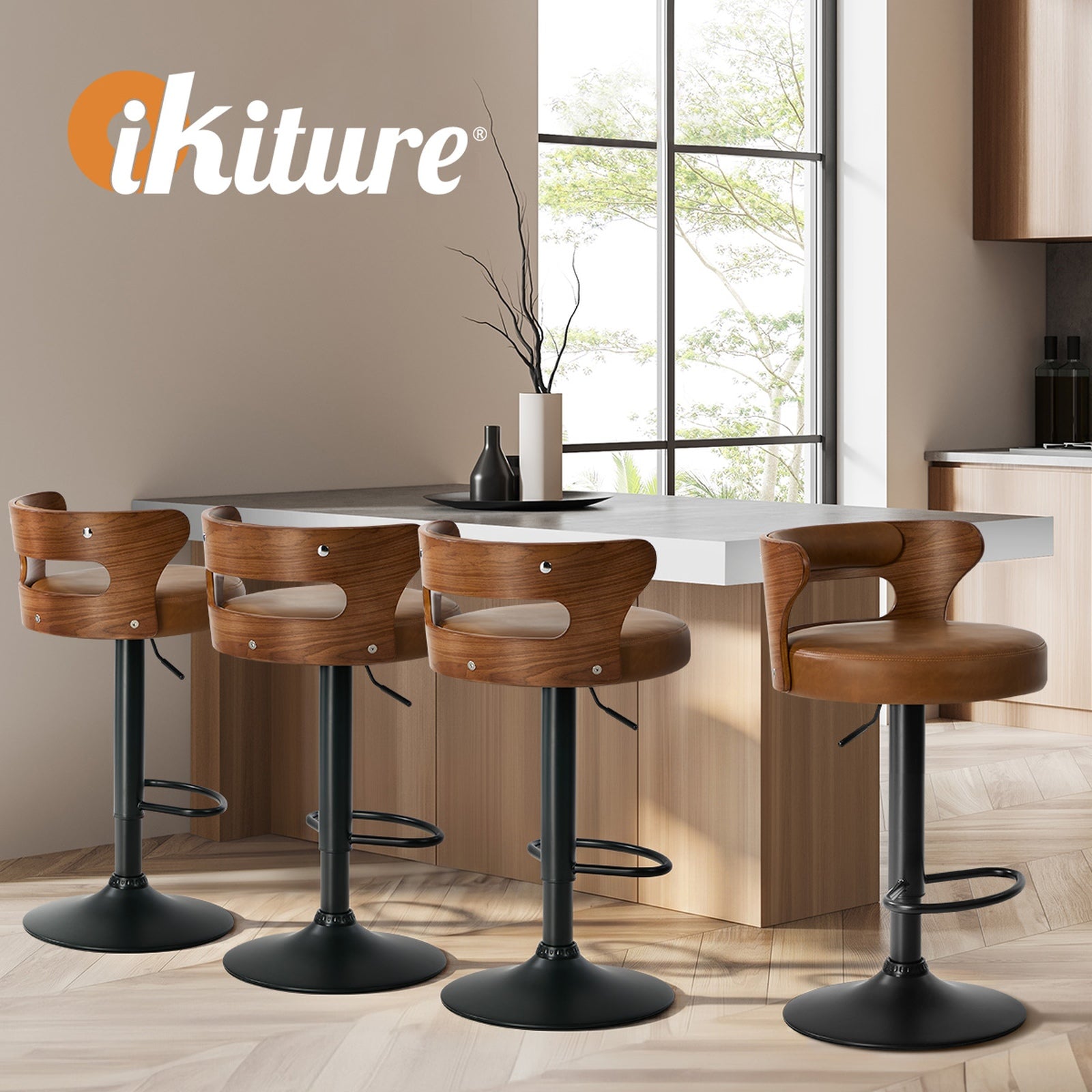Oikiture 2x Bar Stools Kitchen Gas Lift Swivel Chairs Stool Wooden Leather Camel
