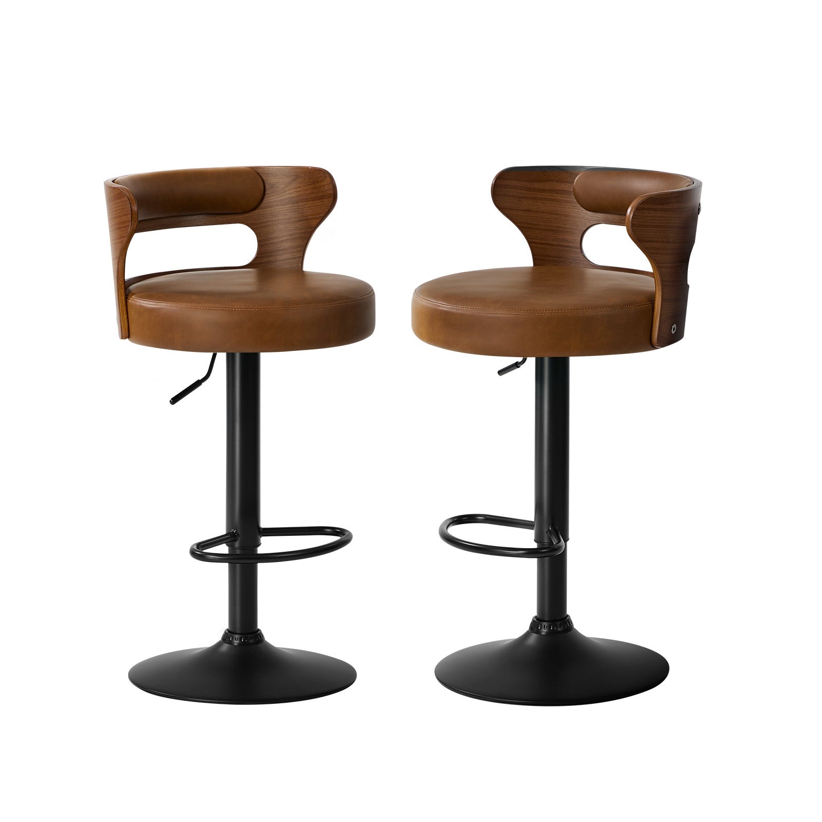 Oikiture 2x Bar Stools Kitchen Gas Lift Swivel Chairs Stool Wooden Leather Camel