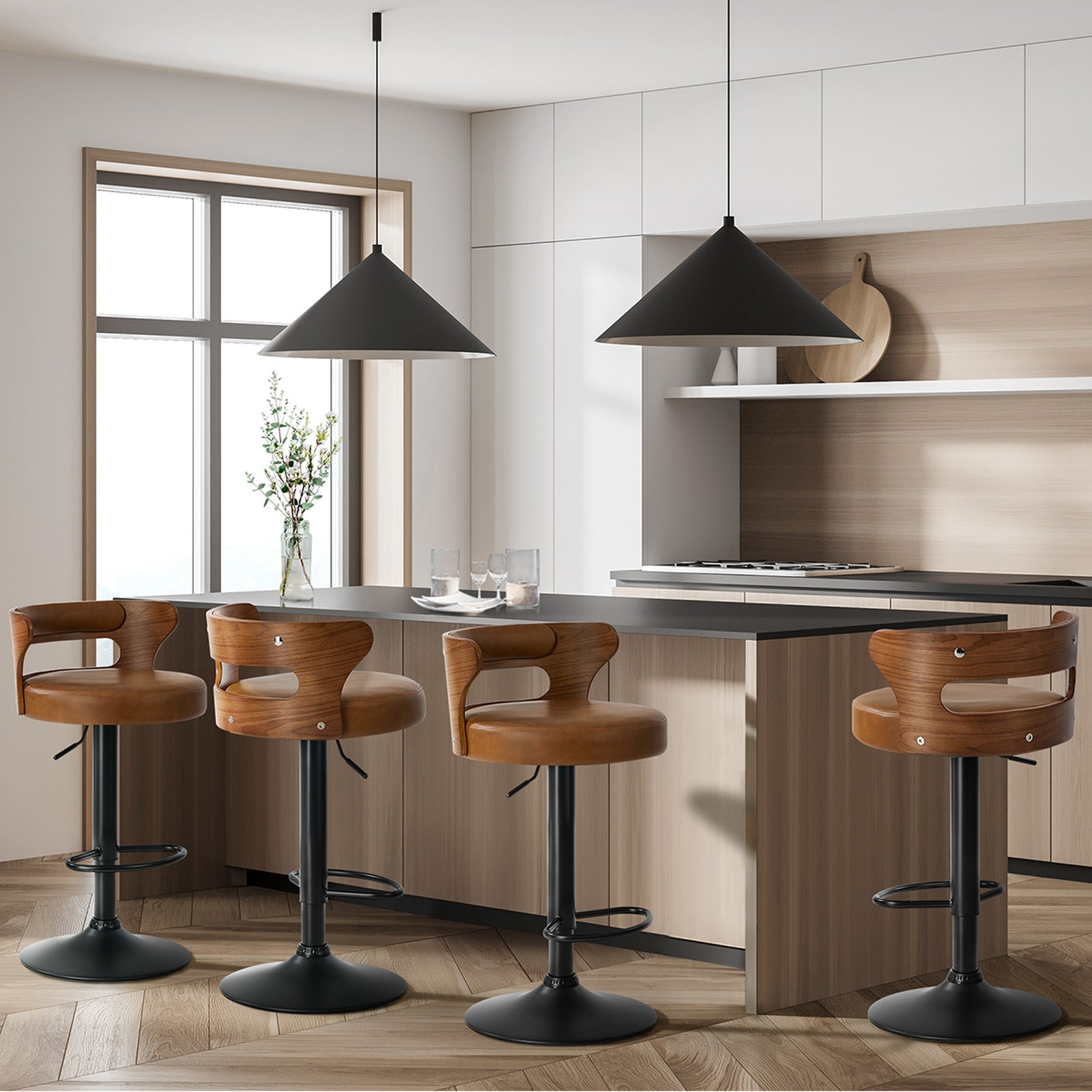 Oikiture 4x Bar Stools Kitchen Gas Lift Swivel Chairs Stool Wooden Leather Camel