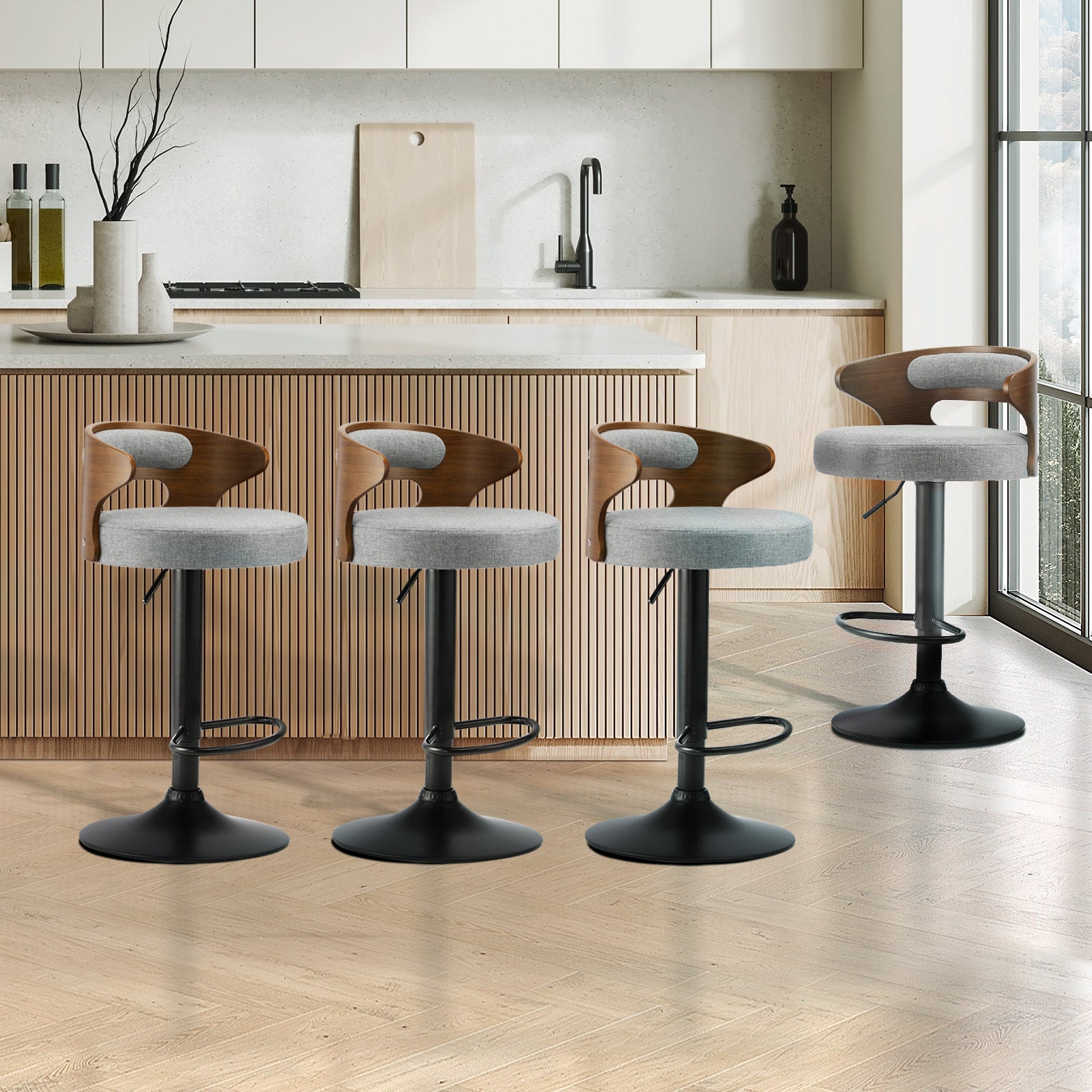 Oikiture 4x Bar Stools Kitchen Gas Lift Swivel Chairs Stool Wooden Barstool Grey - Sunyee