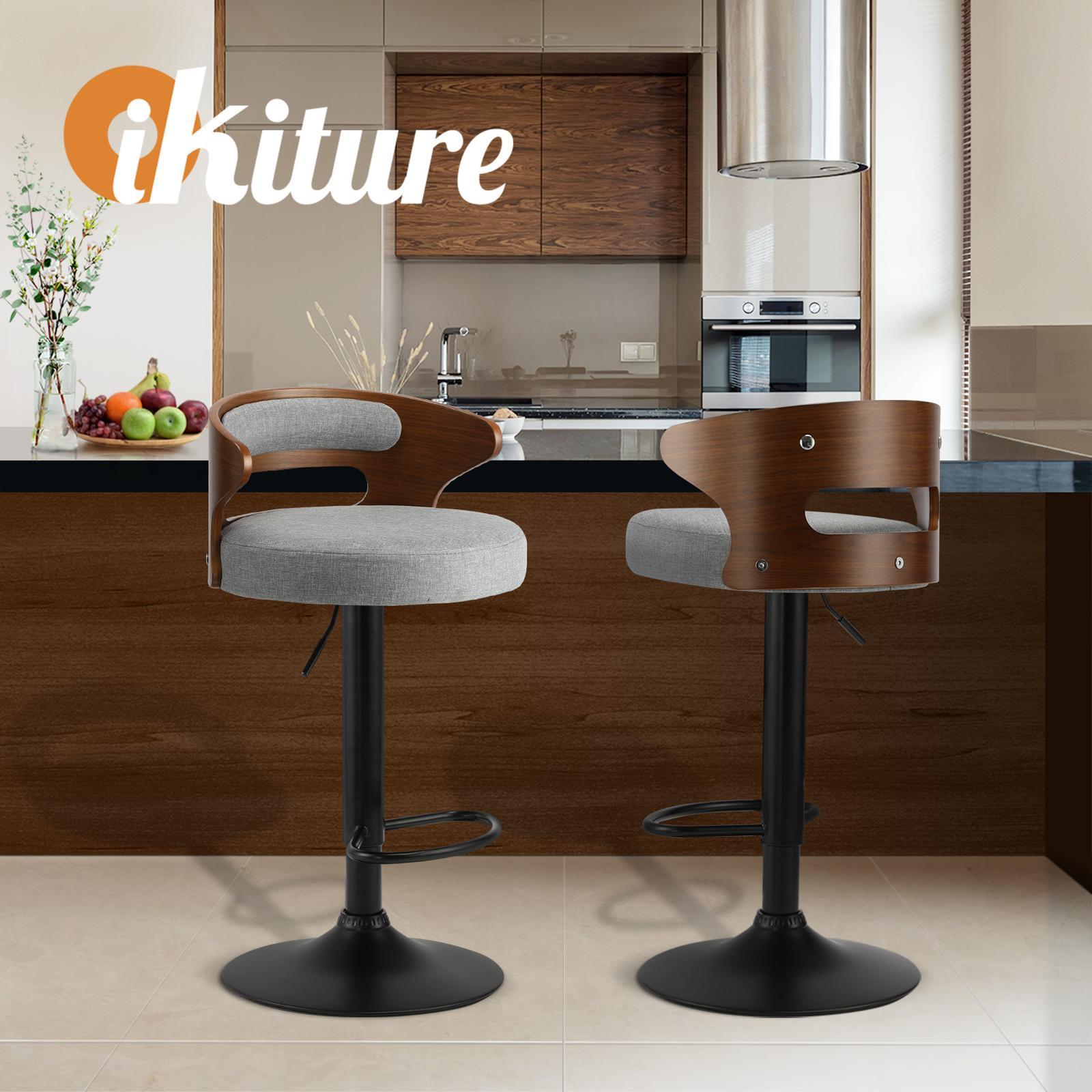 Oikiture 4x Bar Stools Kitchen Gas Lift Swivel Chairs Stool Wooden Barstool Grey - Sunyee