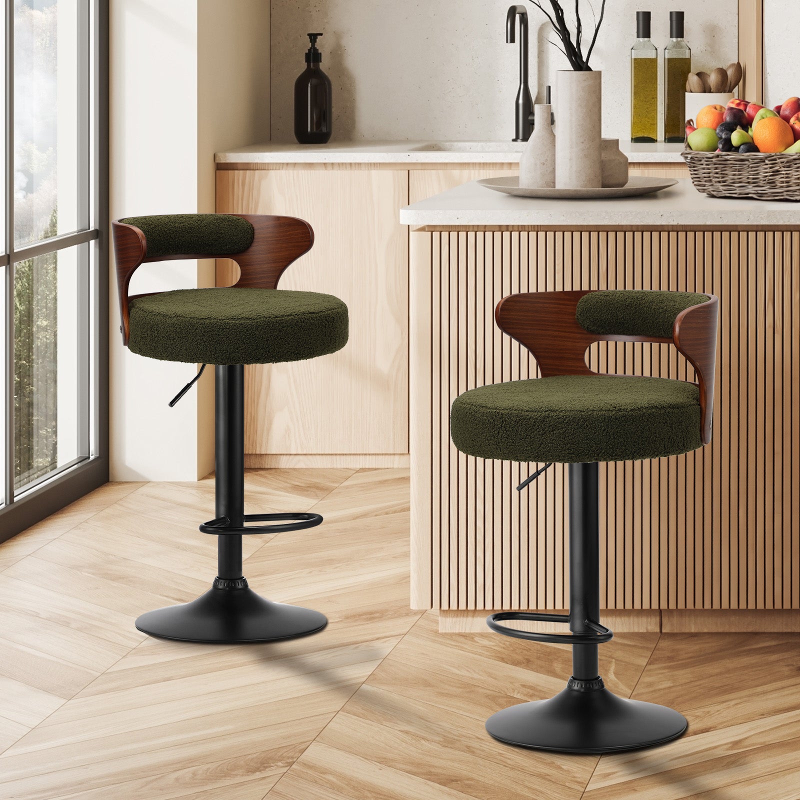 Oikiture 2x Bar Stools Kitchen Gas Lift Swivel Chairs Stool Wooden Boucle Green - Sunyee