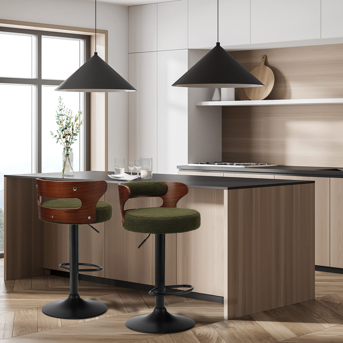 Oikiture 2x Bar Stools Kitchen Gas Lift Swivel Chairs Stool Wooden Boucle Green - Sunyee