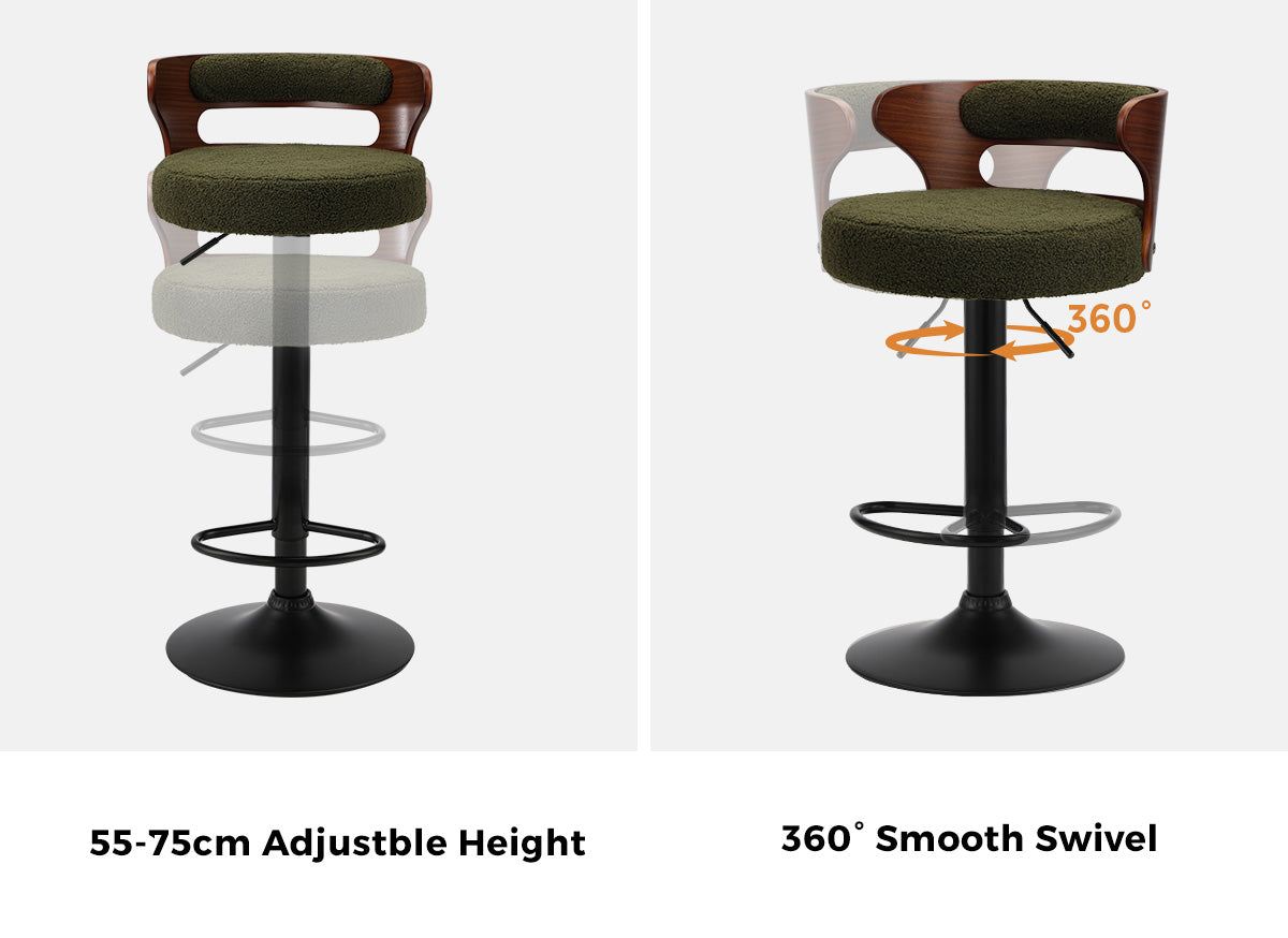 Oikiture 2x Bar Stools Kitchen Gas Lift Swivel Chairs Stool Wooden Boucle Green - Sunyee
