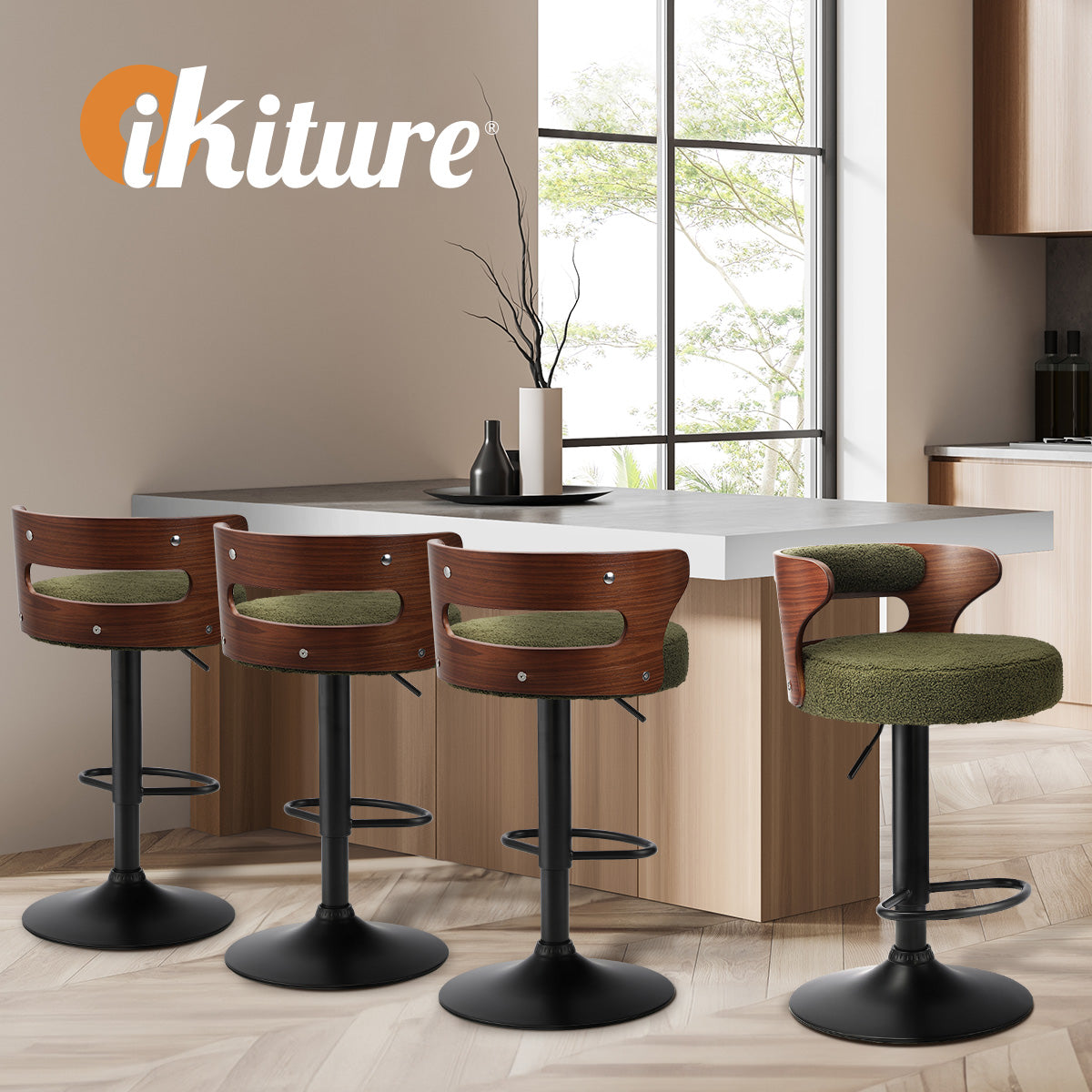 Oikiture 2x Bar Stools Kitchen Gas Lift Swivel Chairs Stool Wooden Boucle Green - Sunyee