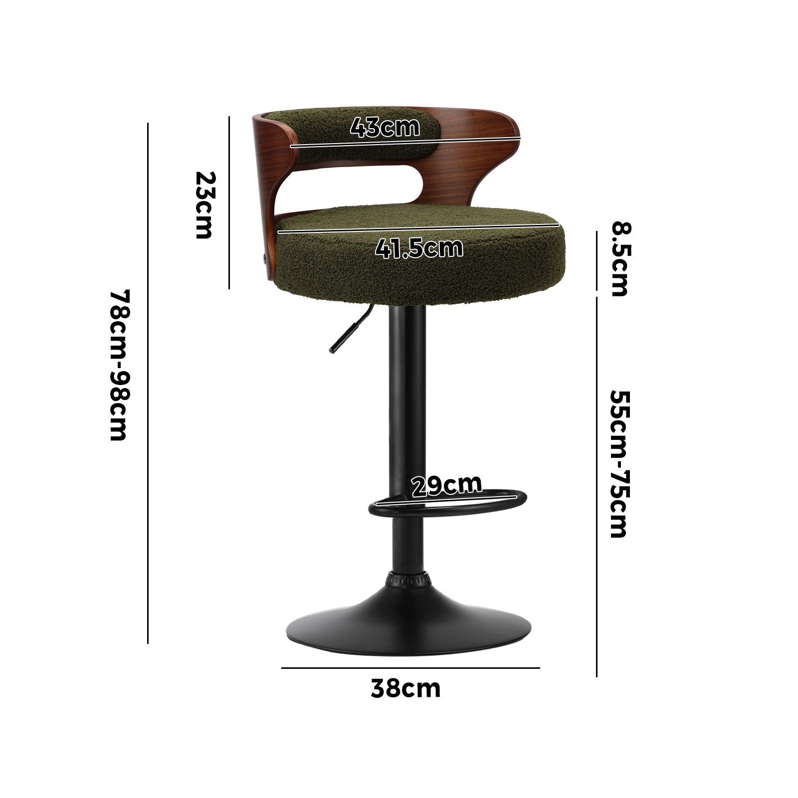 Oikiture 2x Bar Stools Kitchen Gas Lift Swivel Chairs Stool Wooden Boucle Green - Sunyee