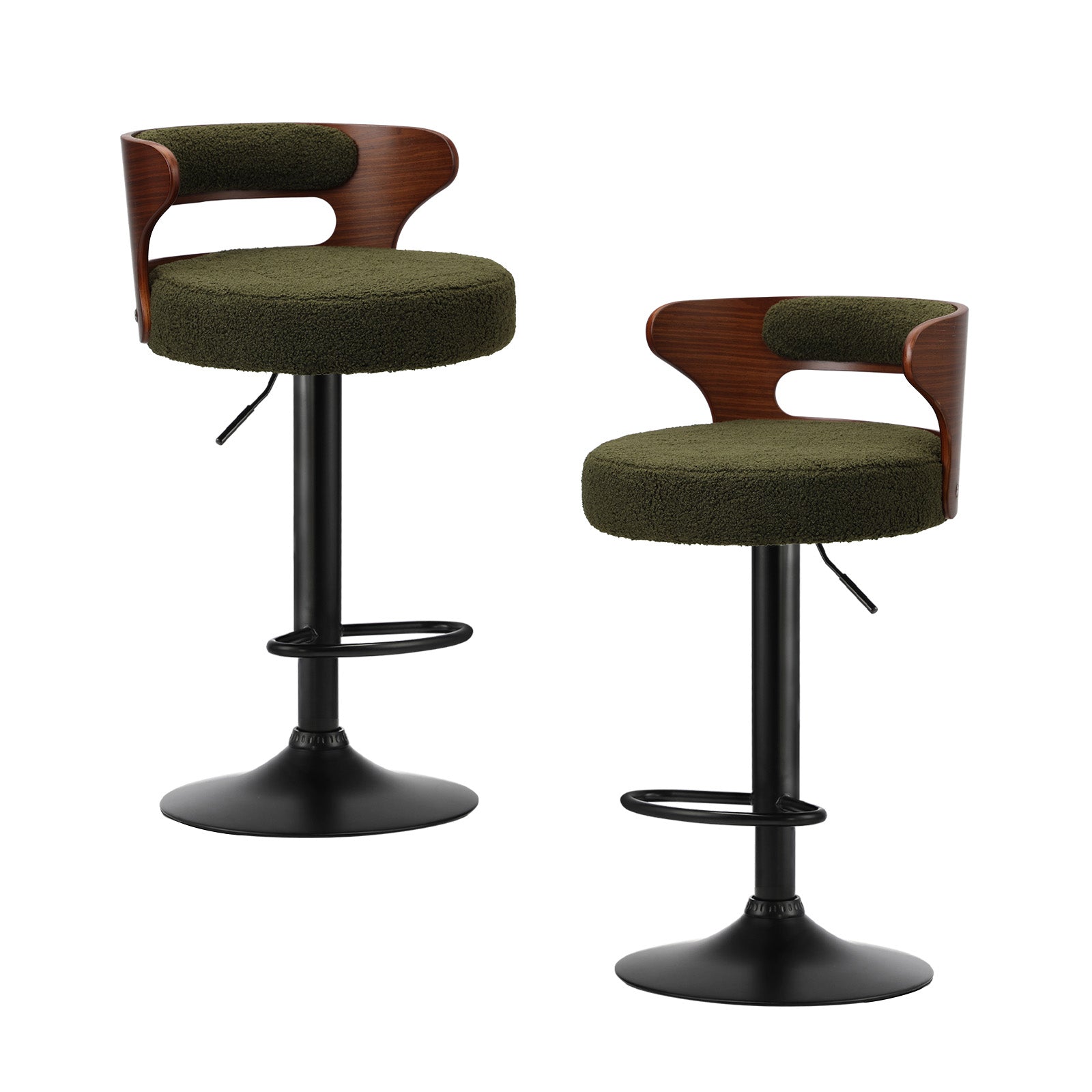 Oikiture 2x Bar Stools Kitchen Gas Lift Swivel Chairs Stool Wooden Boucle Green - Sunyee