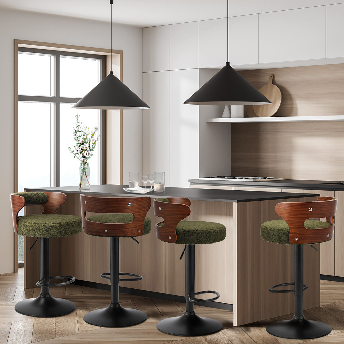 Oikiture 4x Bar Stools Kitchen Gas Lift Swivel Chairs Stool Wooden Boucle Green - Sunyee
