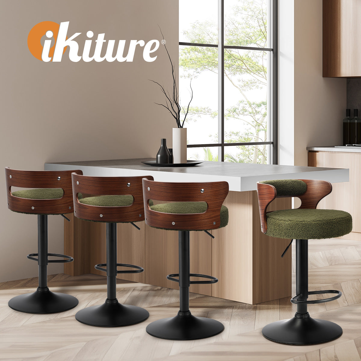 Oikiture 4x Bar Stools Kitchen Gas Lift Swivel Chairs Stool Wooden Boucle Green - Sunyee
