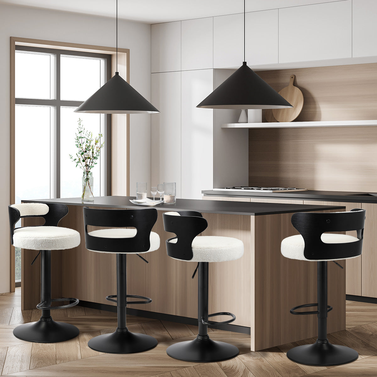 Oikiture 4x Bar Stools Kitchen Gas Lift Swivel Chairs Stool Wooden Boucle White - Sunyee