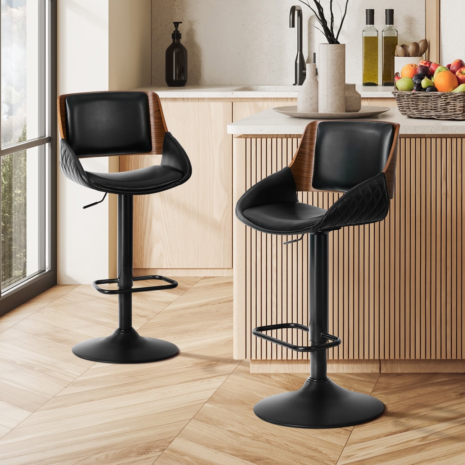 Oikiture 2x Bar Stools Kitchen Dining Chairs Swivel Gas Lift Stool Leather Black