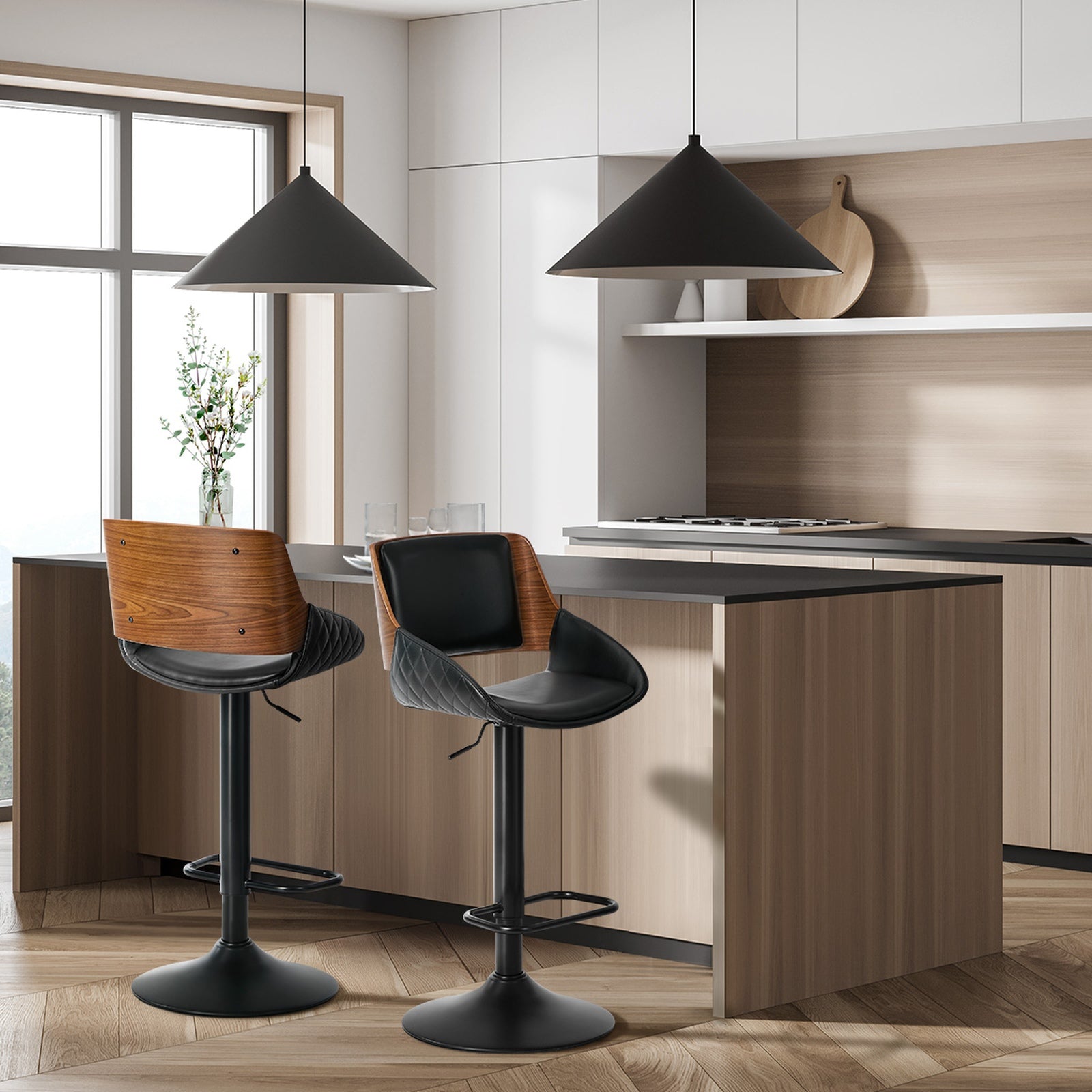 Oikiture 2x Bar Stools Kitchen Dining Chairs Swivel Gas Lift Stool Leather Black