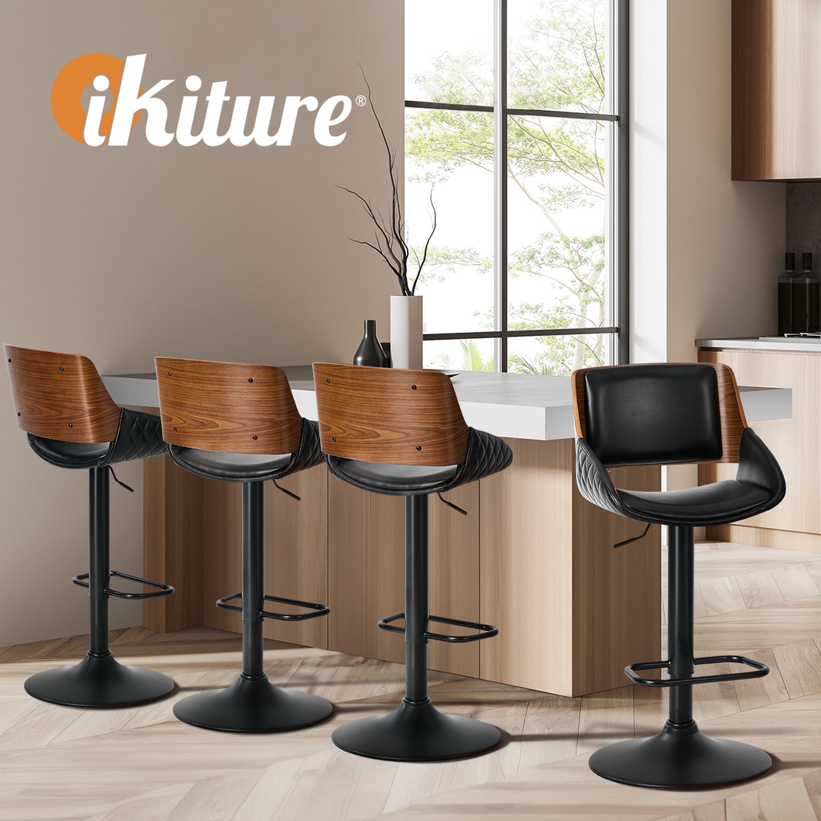 Oikiture 2x Bar Stools Kitchen Dining Chairs Swivel Gas Lift Stool Leather Black