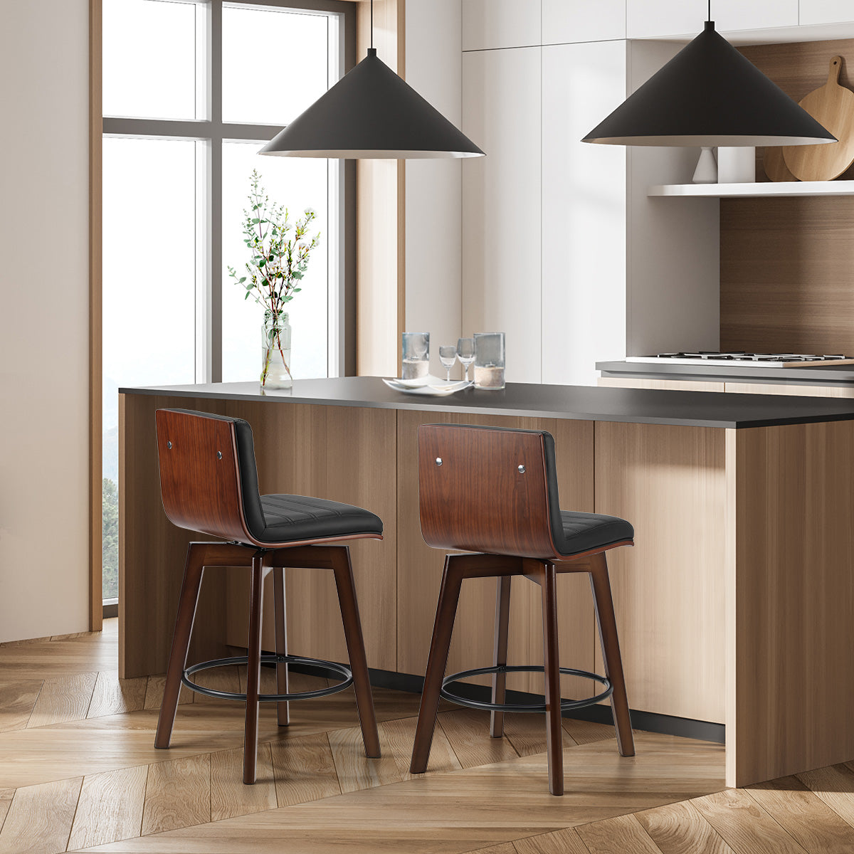 Oikiture 2x Wooden Bar Stools Kitchen Counter Swivel Dining Chair PU Leather - Sunyee