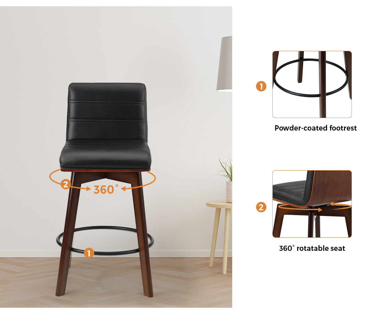 Oikiture 2x Wooden Bar Stools Kitchen Counter Swivel Dining Chair PU Leather - Sunyee