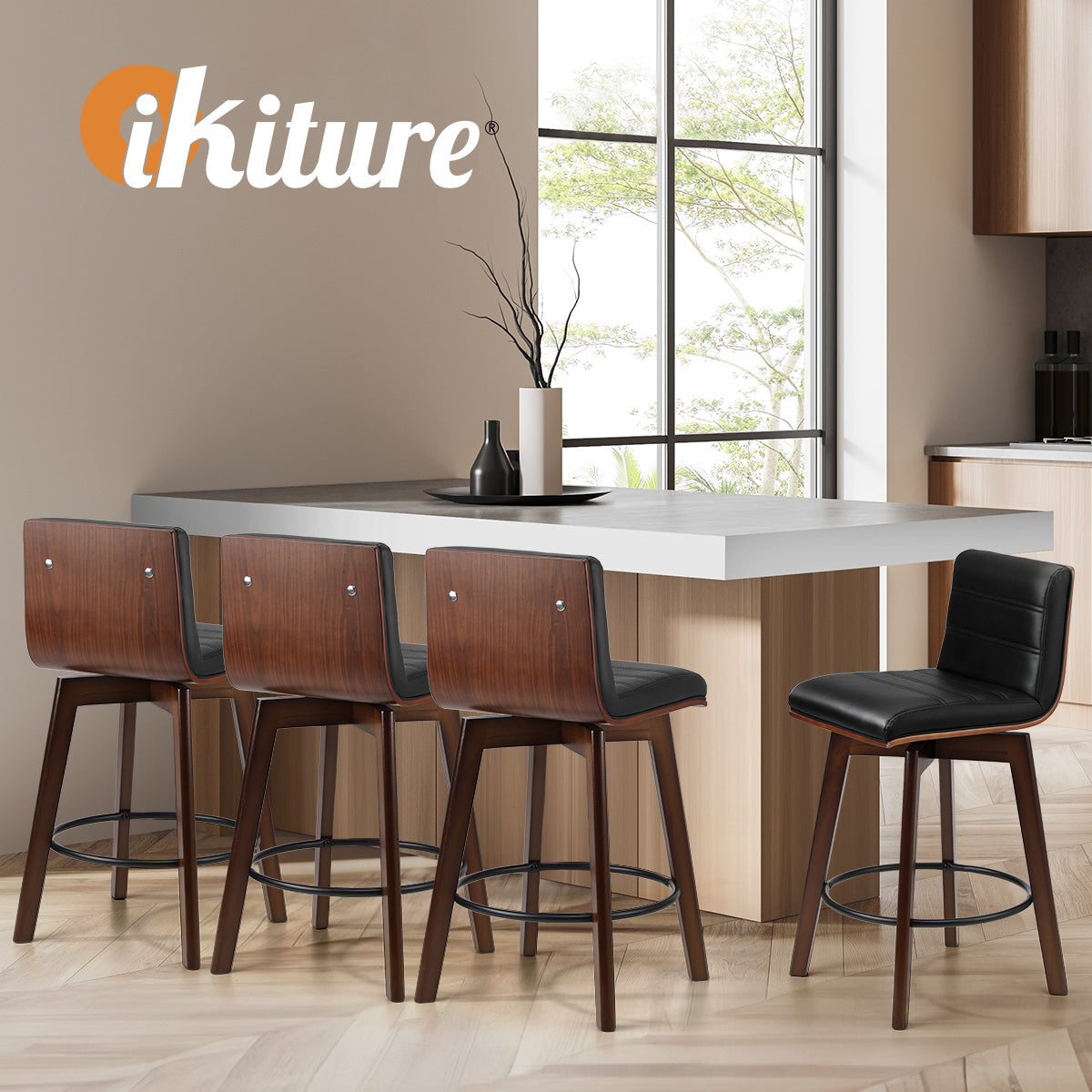 Oikiture 4x Wooden Bar Stools Kitchen Counter Swivel Dining Chair PU Leather - Sunyee