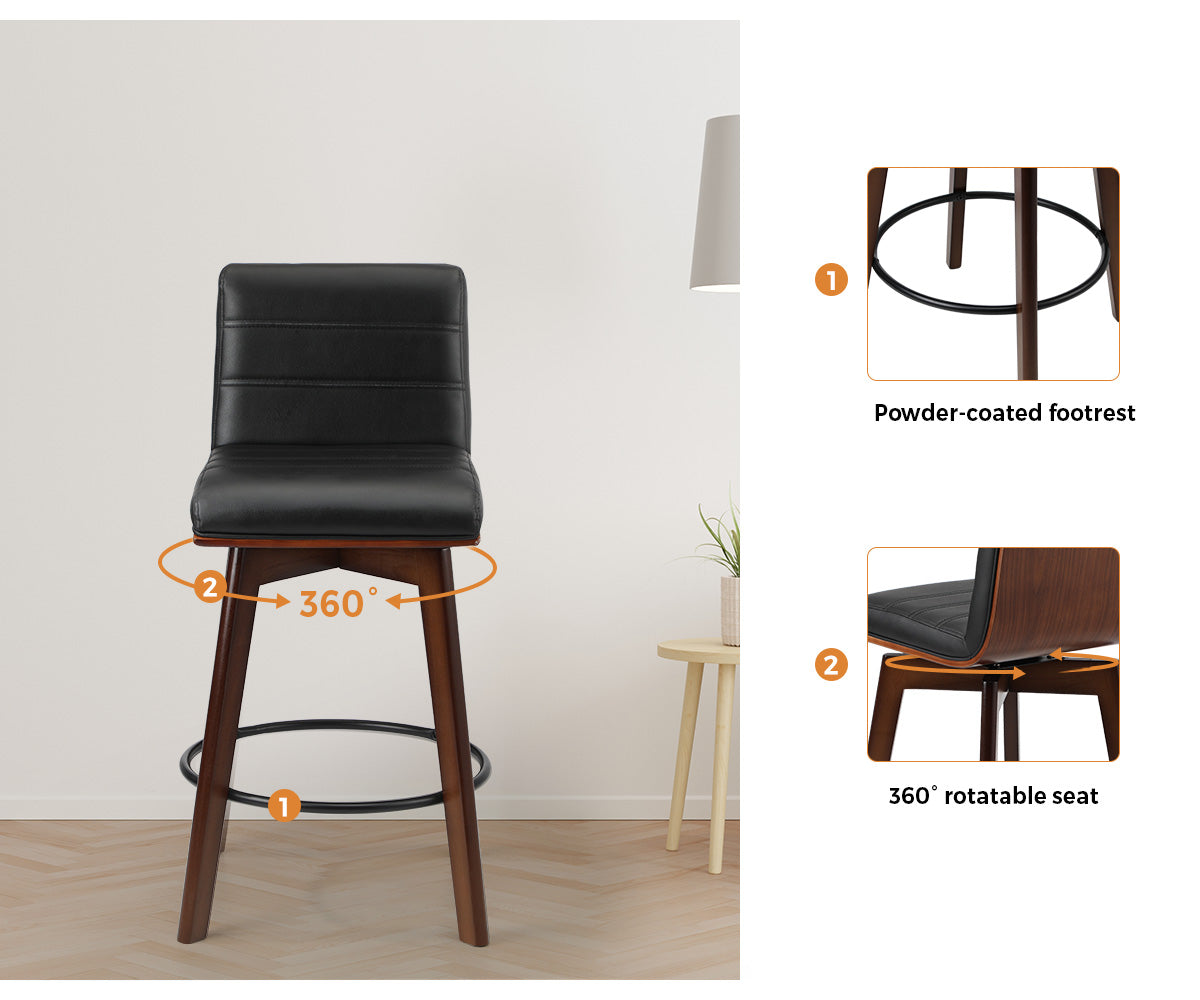 Oikiture 4x Wooden Bar Stools Kitchen Counter Swivel Dining Chair PU Leather - Sunyee