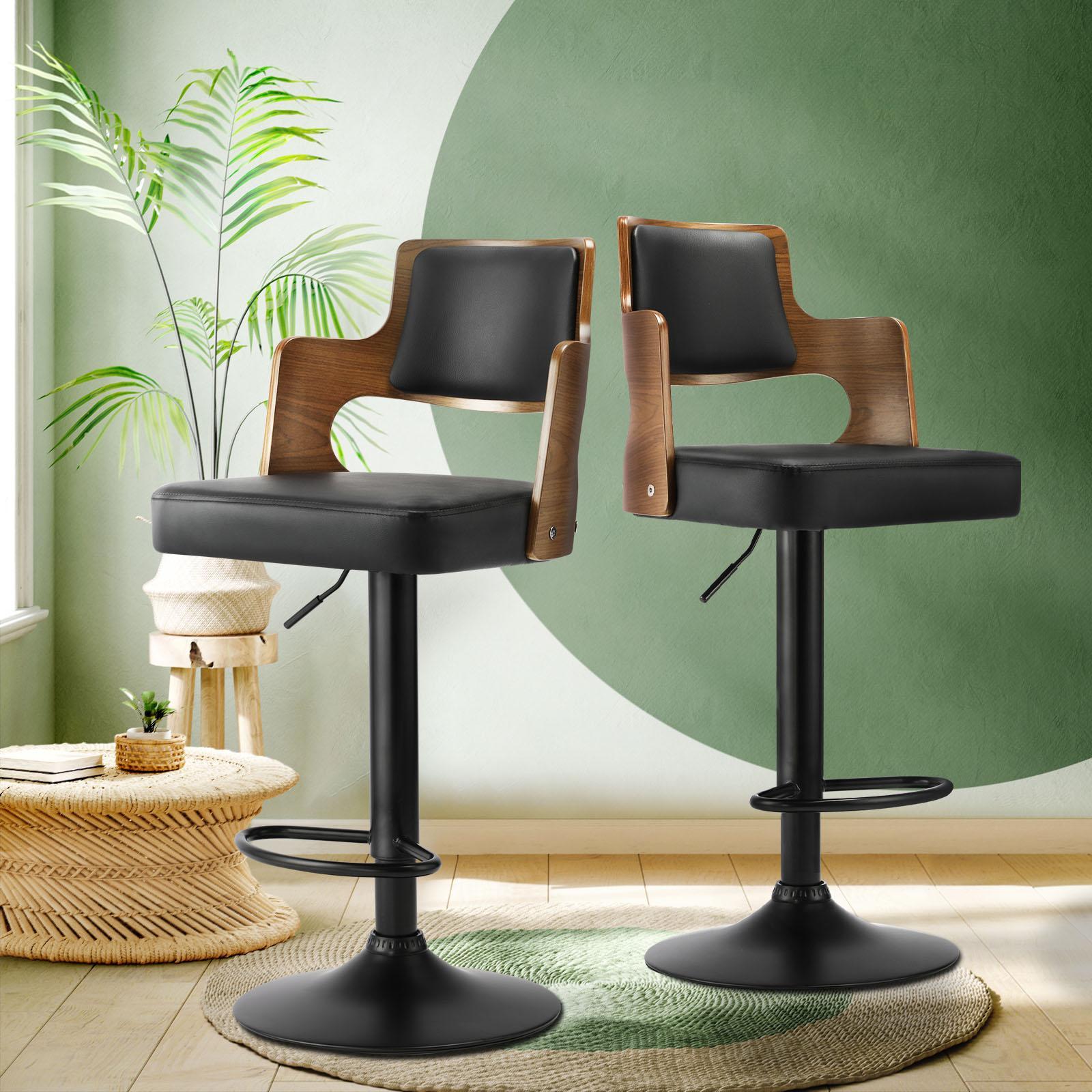 Oikiture Wooden Bar Stools Kitchen Gas Lift Barstool Swivel Chairs PU Leather ×2 - Sunyee