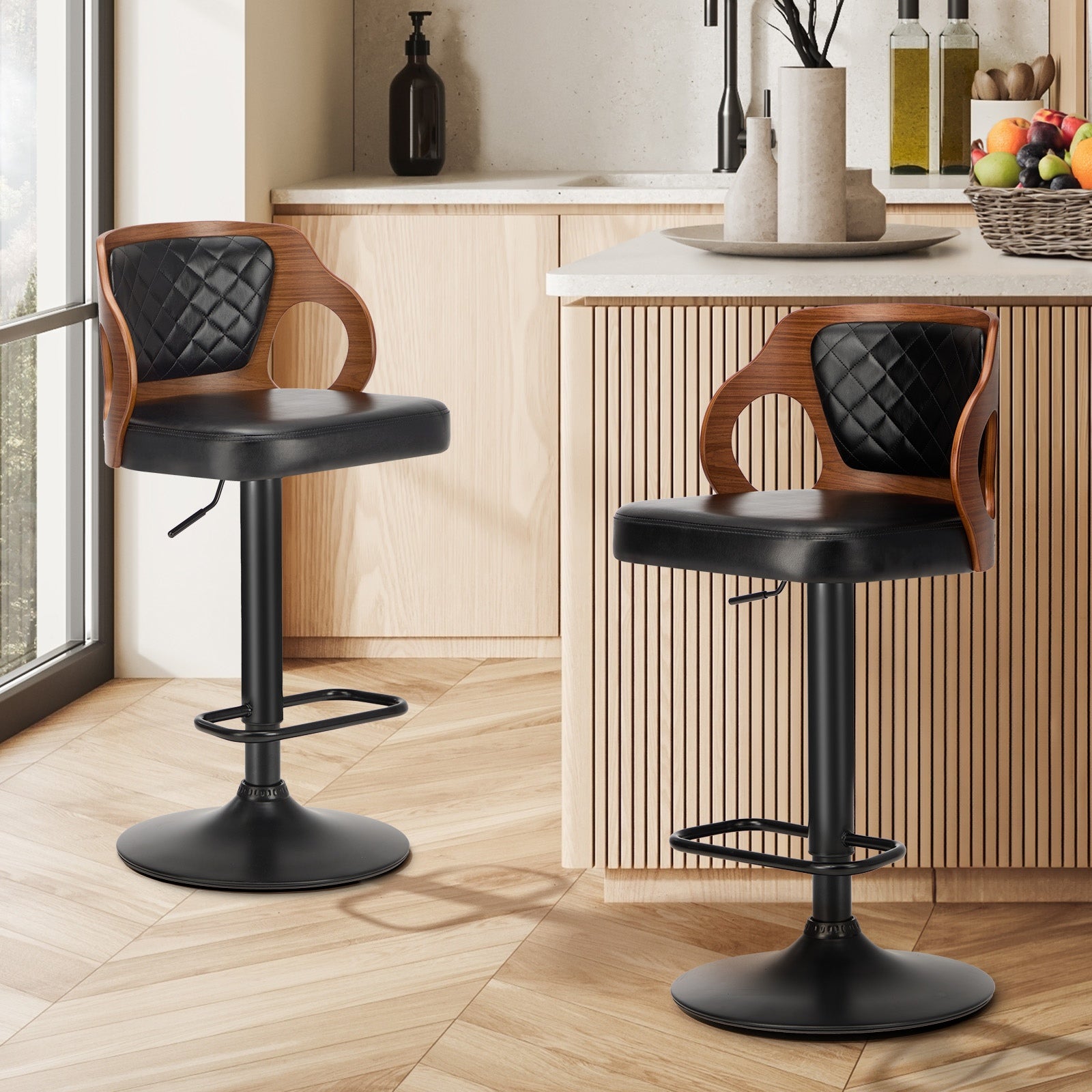 Oikiture 2X Bar Stools Kitchen Gas Lift Swivel Chairs Wooden Barstool - Sunyee
