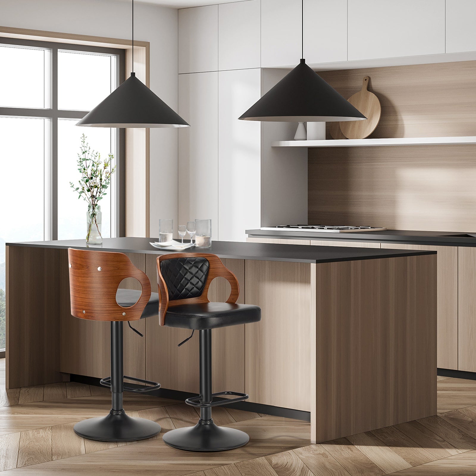 Oikiture 2X Bar Stools Kitchen Gas Lift Swivel Chairs Wooden Barstool - Sunyee