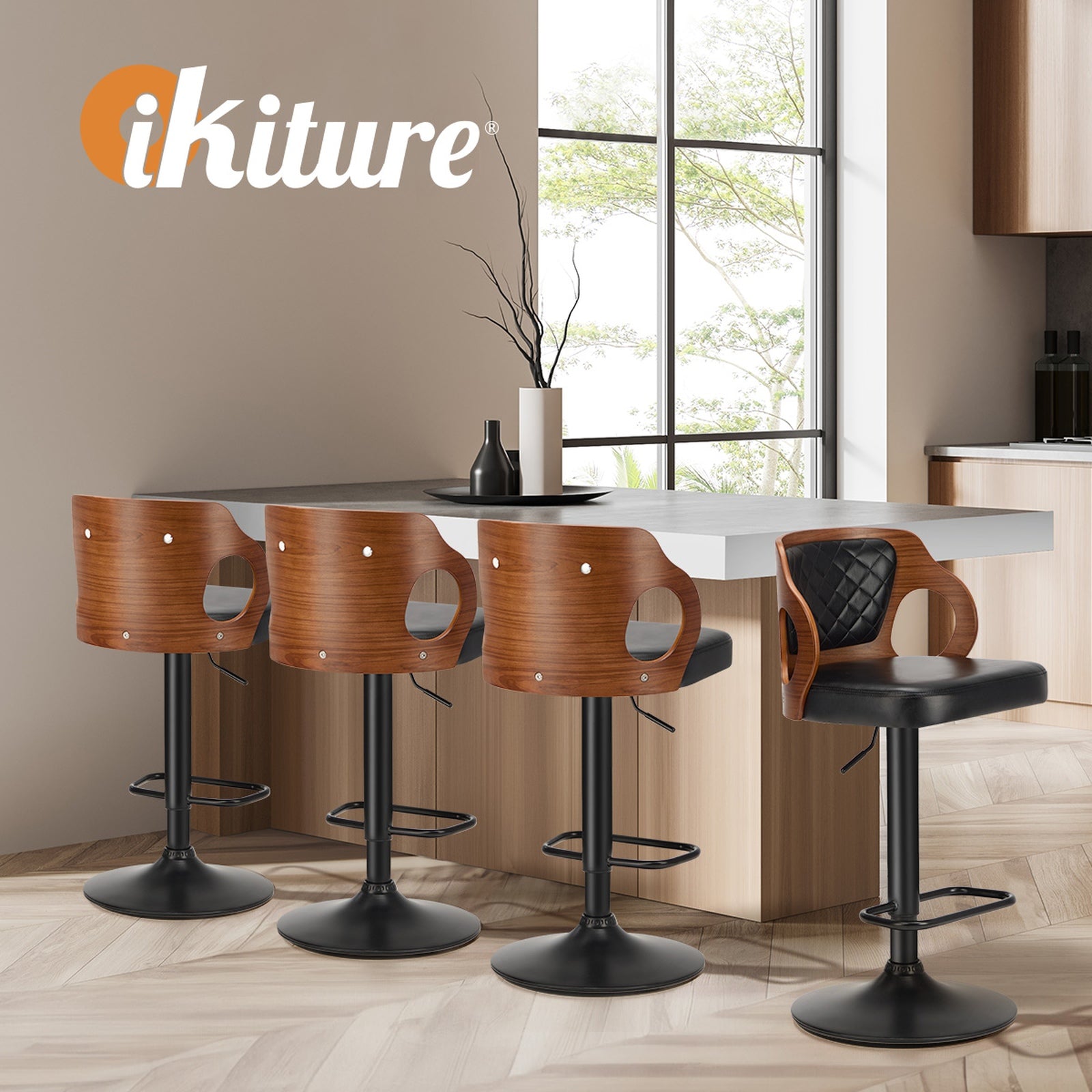 Oikiture 2X Bar Stools Kitchen Gas Lift Swivel Chairs Wooden Barstool - Sunyee