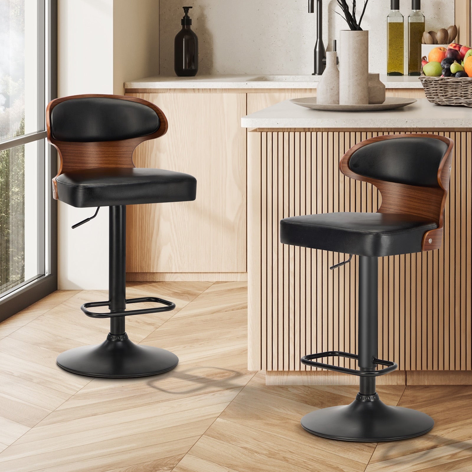 Oikiture 2x Bar Stools Swivel Kitchen Bar Chairs Gas Lift Stool Leather Black - Sunyee
