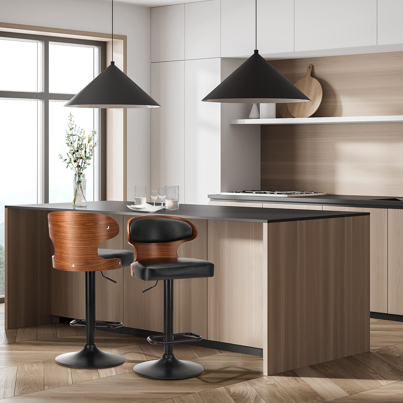 Oikiture 2x Bar Stools Swivel Kitchen Bar Chairs Gas Lift Stool Leather Black - Sunyee