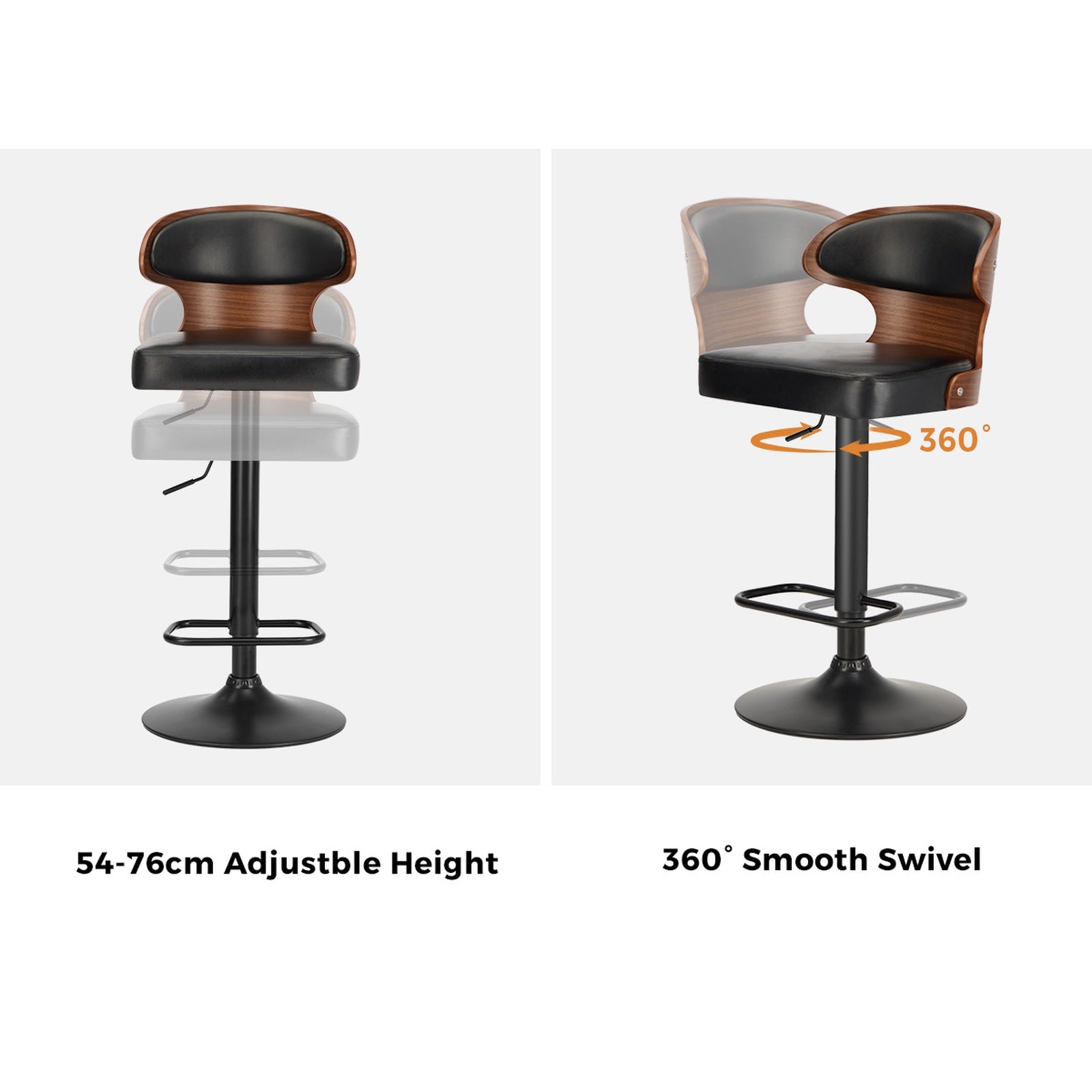 Oikiture 2x Bar Stools Swivel Kitchen Bar Chairs Gas Lift Stool Leather Black - Sunyee