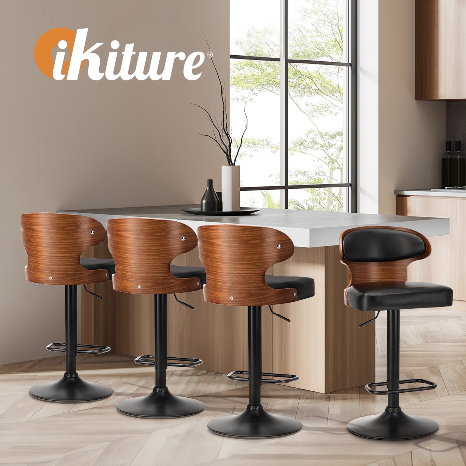 Oikiture 2x Bar Stools Swivel Kitchen Bar Chairs Gas Lift Stool Leather Black - Sunyee