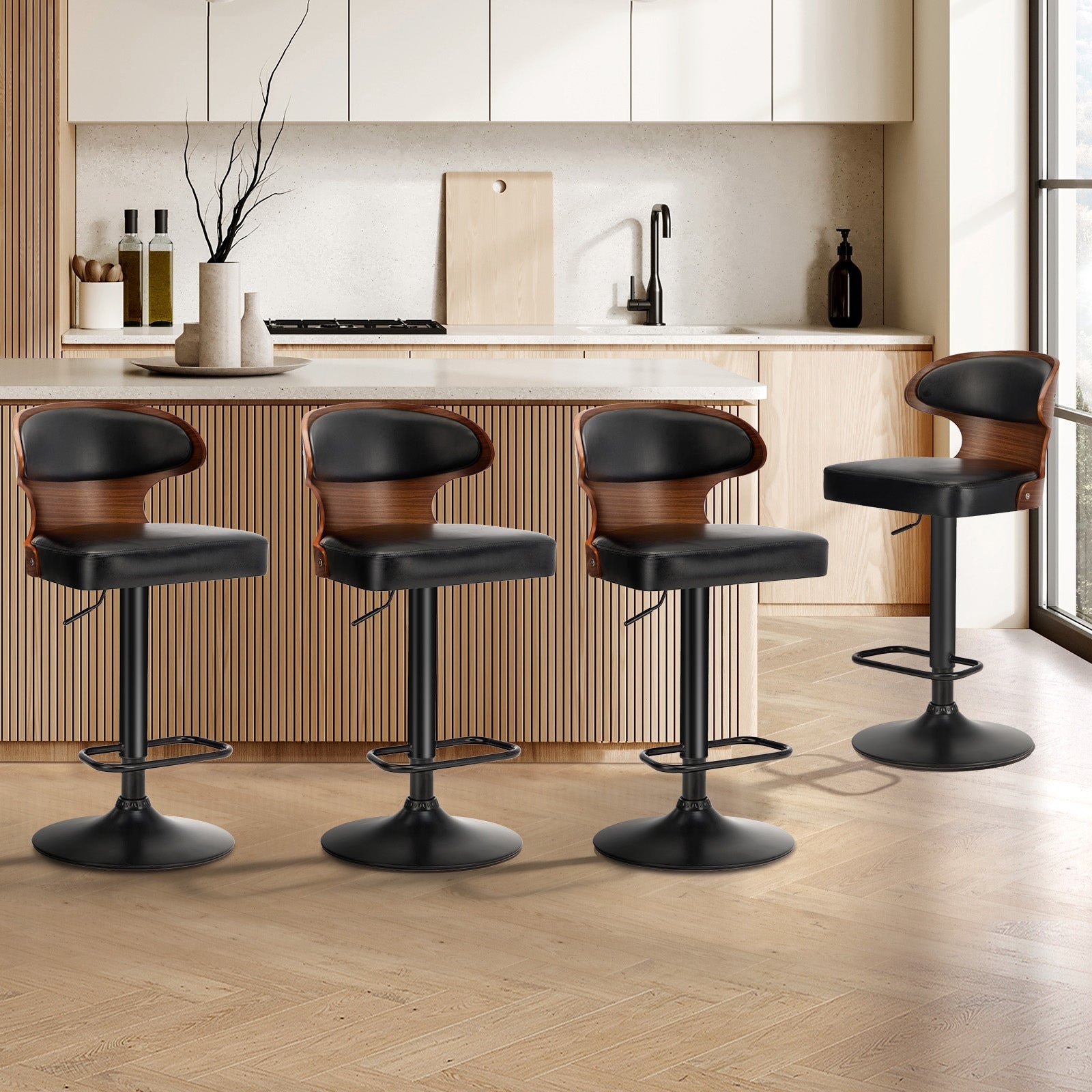 Oikiture 4x Bar Stools Swivel Kitchen Bar Chairs Gas Lift Stool Leather Black - Sunyee