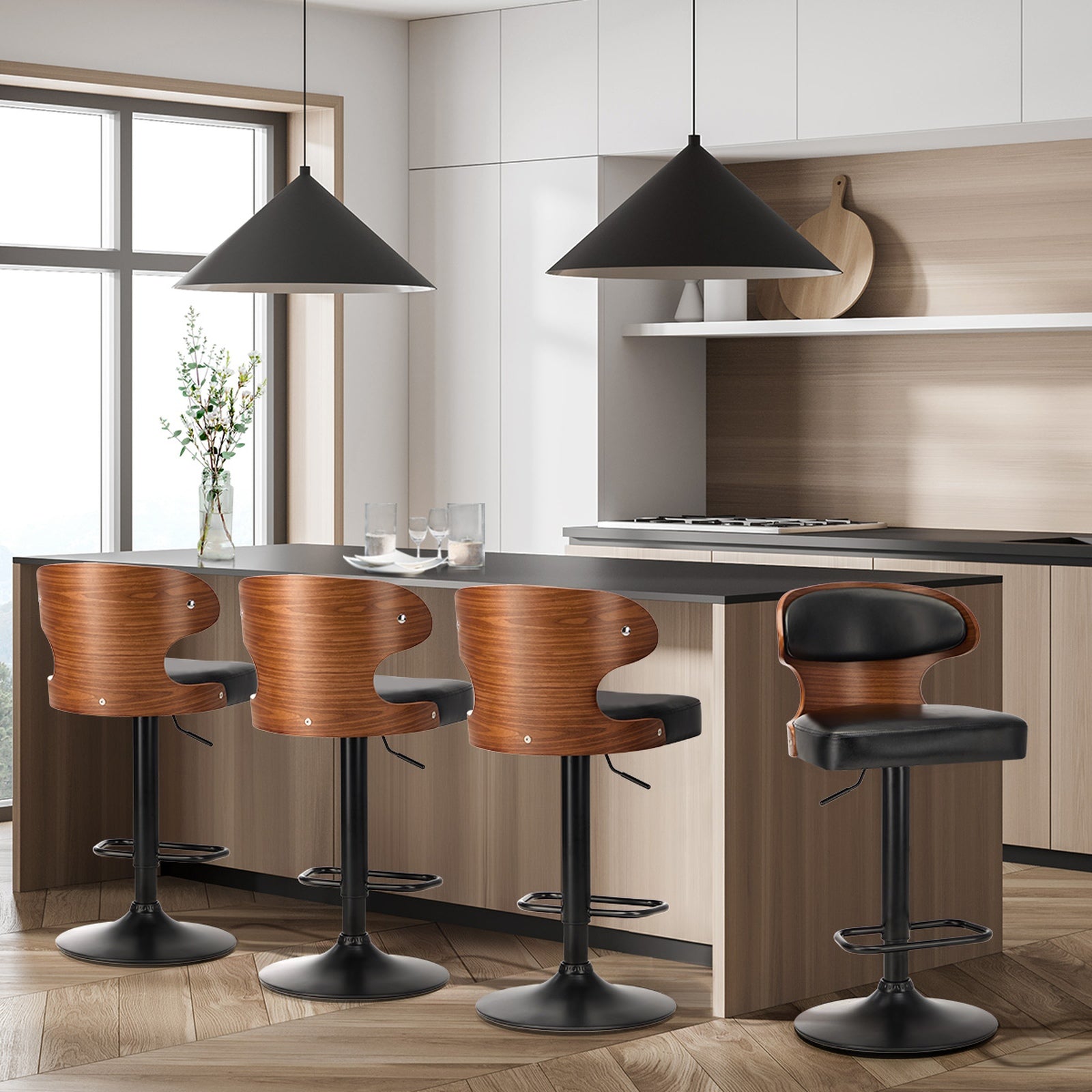 Oikiture 4x Bar Stools Swivel Kitchen Bar Chairs Gas Lift Stool Leather Black - Sunyee