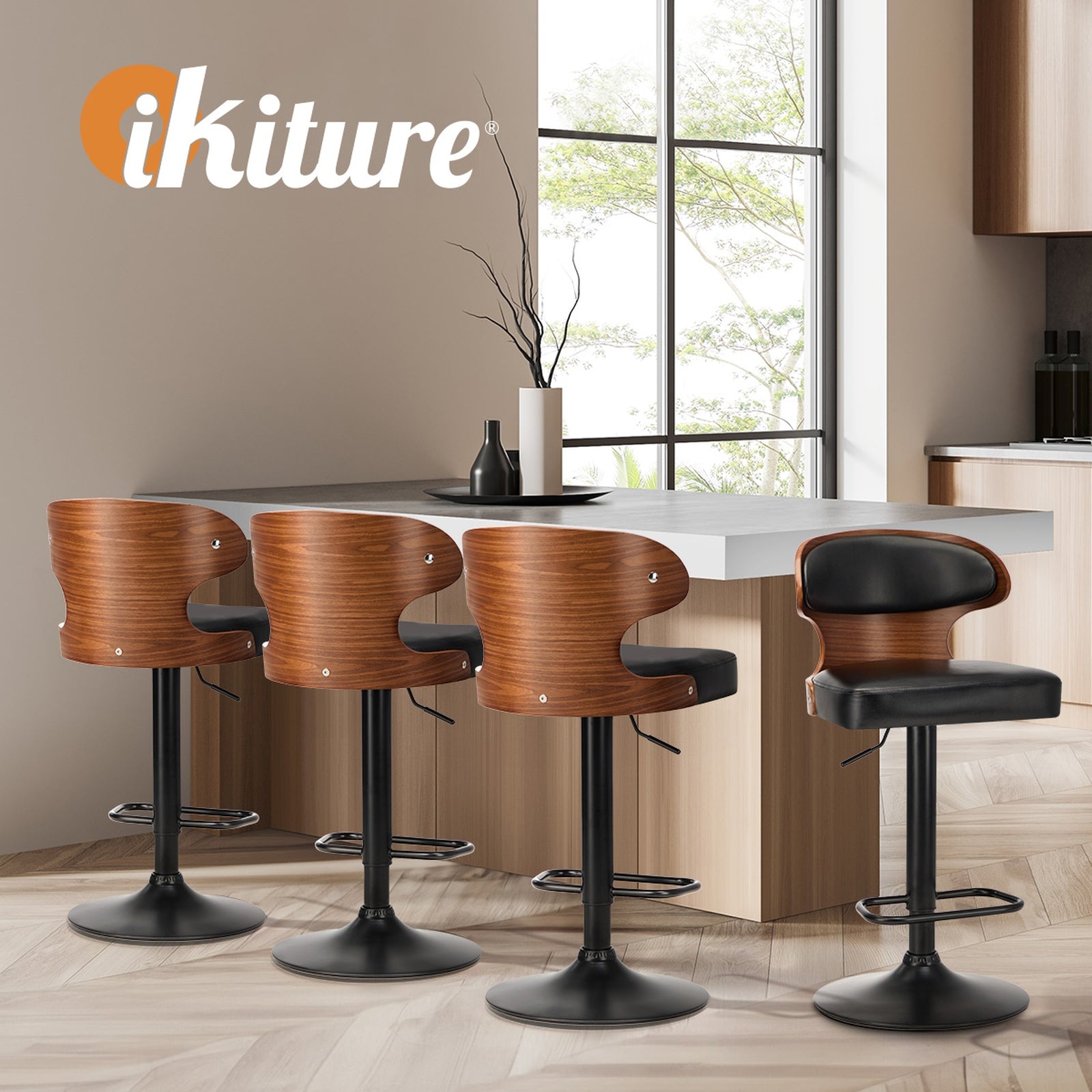 Oikiture 4x Bar Stools Swivel Kitchen Bar Chairs Gas Lift Stool Leather Black - Sunyee