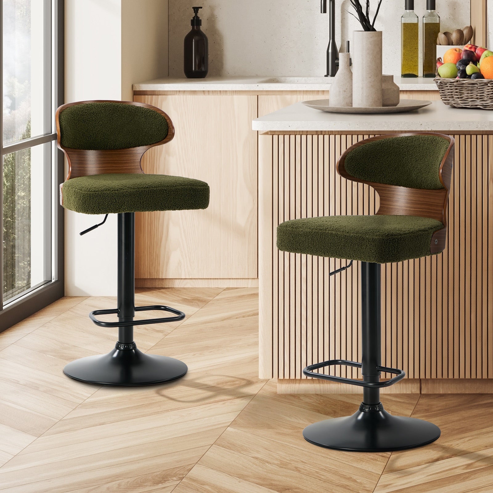Oikiture 2x Bar Stools Swivel Kitchen Bar Chairs Gas Lift Stool Boucle Green - Sunyee