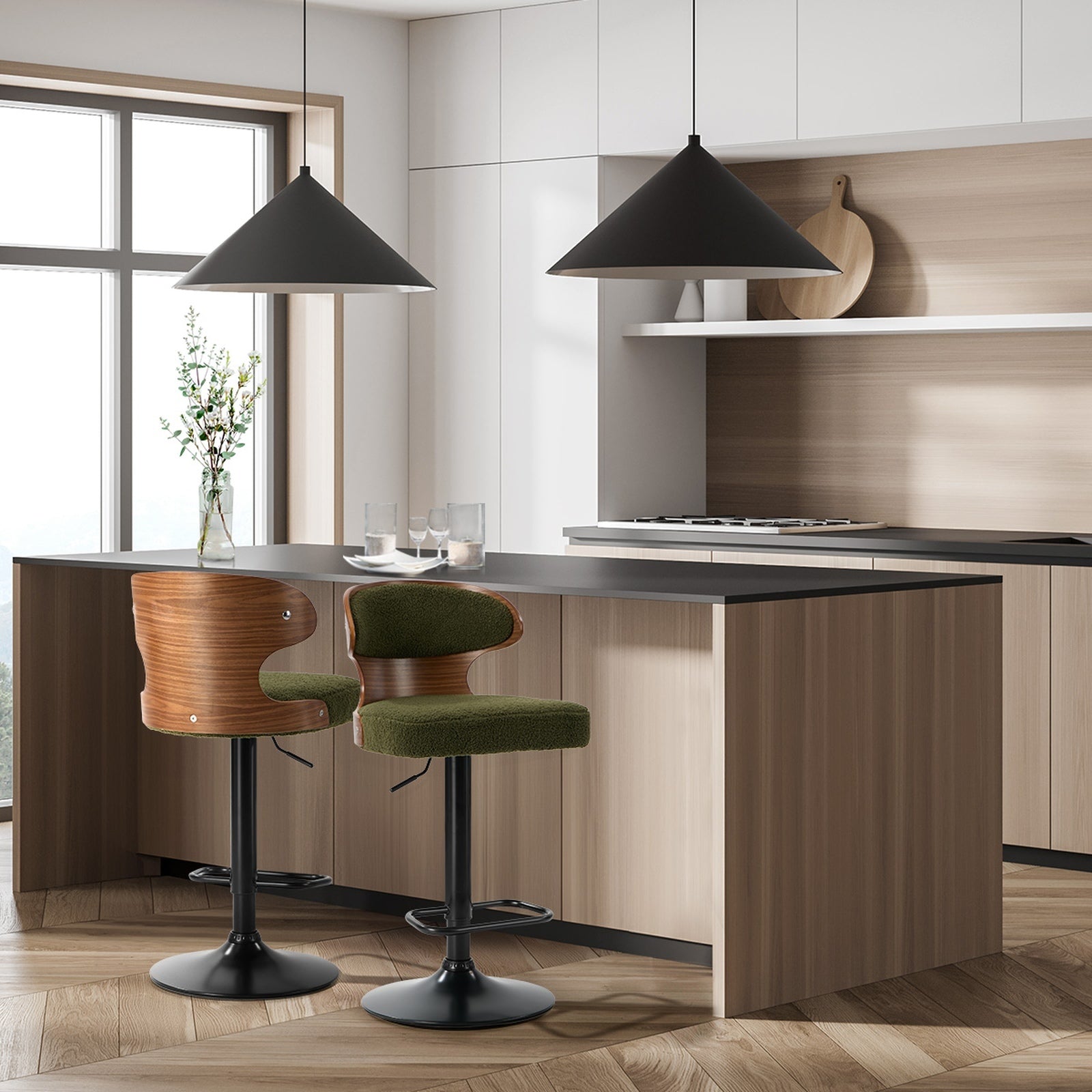 Oikiture 2x Bar Stools Swivel Kitchen Bar Chairs Gas Lift Stool Boucle Green - Sunyee