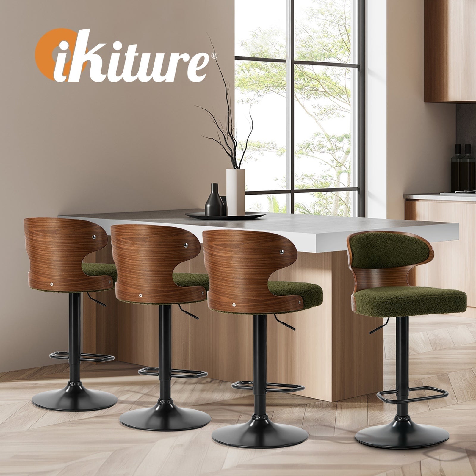 Oikiture 2x Bar Stools Swivel Kitchen Bar Chairs Gas Lift Stool Boucle Green - Sunyee