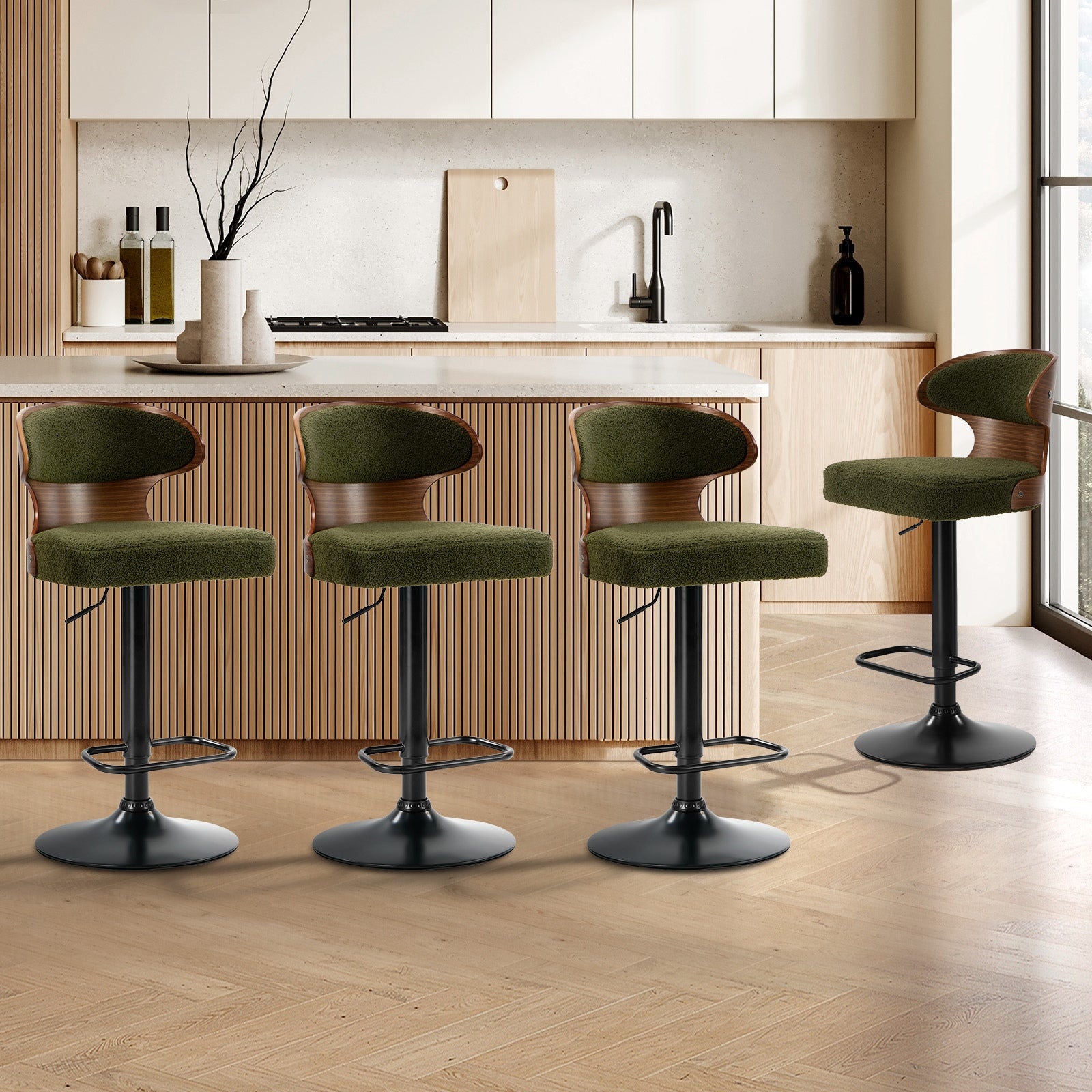 Oikiture 4x Bar Stools Swivel Kitchen Bar Chairs Gas Lift Stool Boucle Green - Sunyee